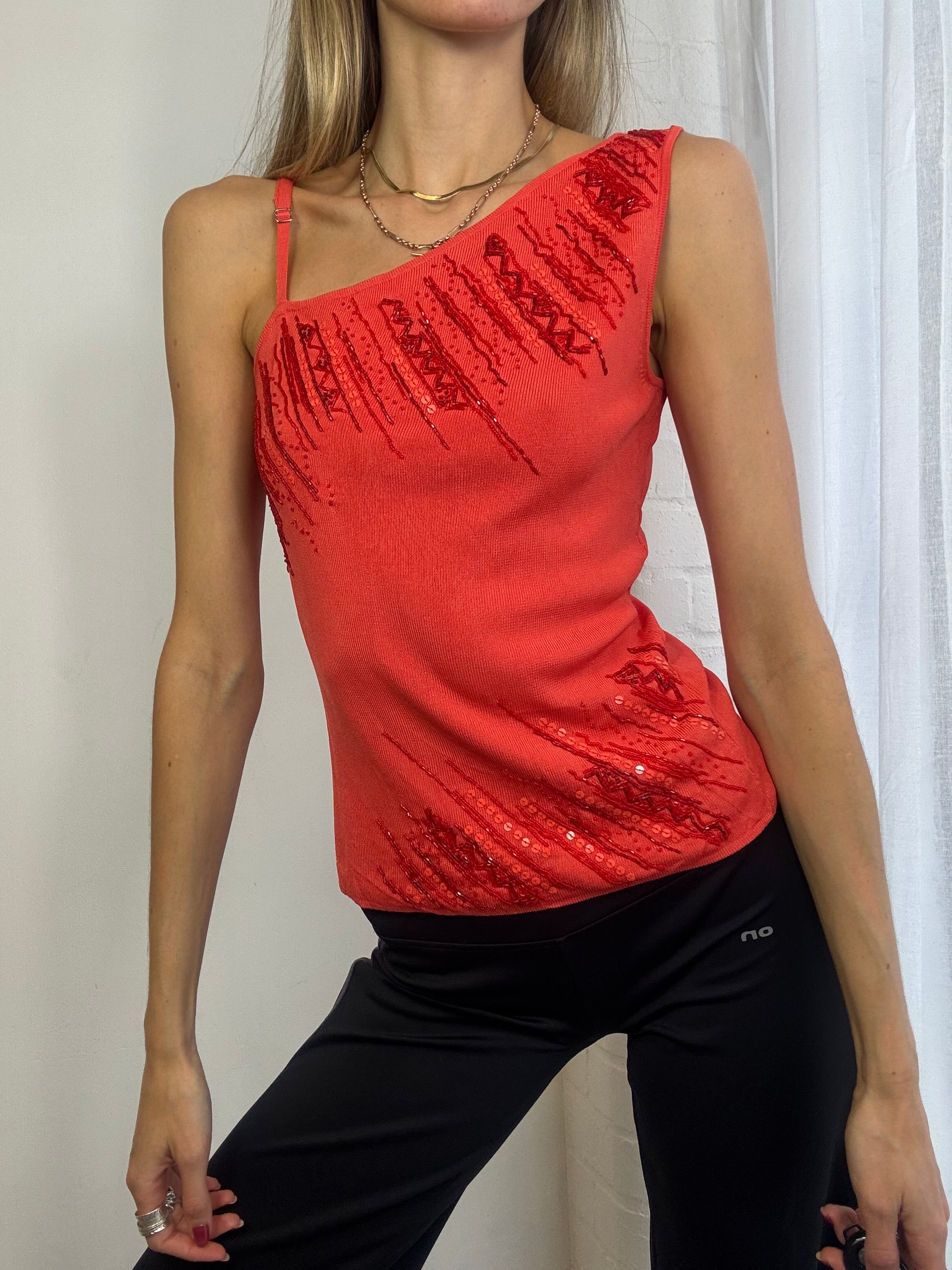 Vintage Y2K one shoulder ribbed top beaded