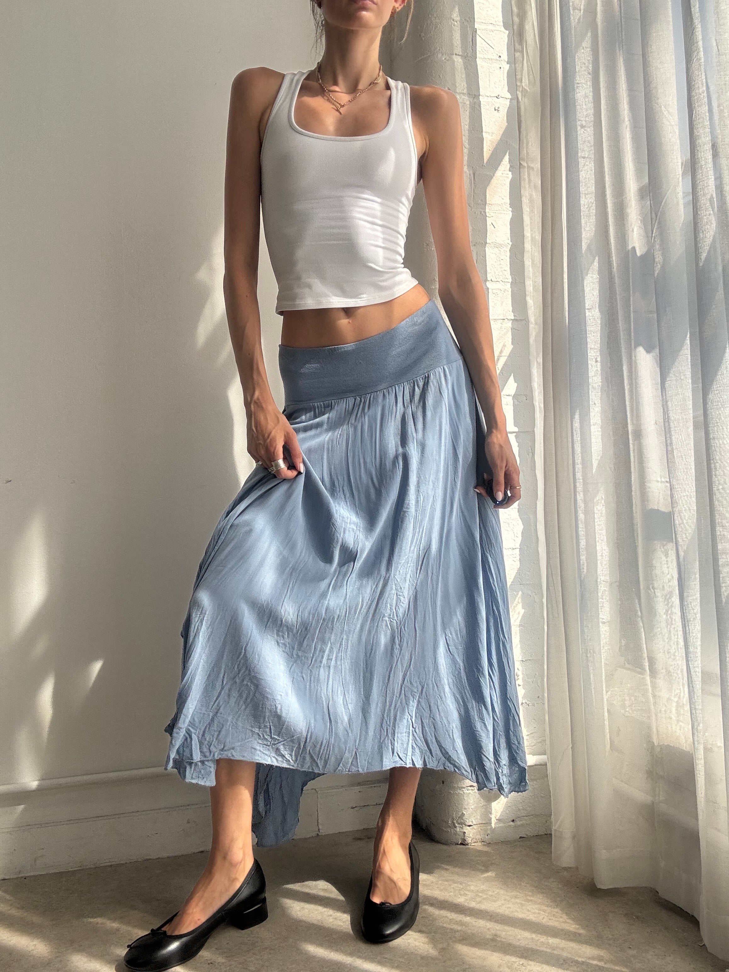 Vintage Y2K Powder Blue Cotton Maxi Skirt Asymmetric - Size M/L