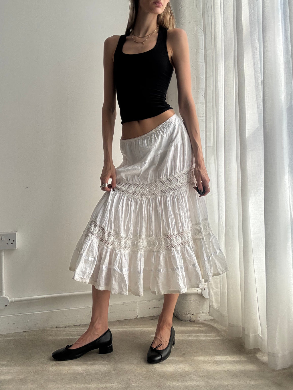 Vintage white tiered prairie midi skirt - size XS/S