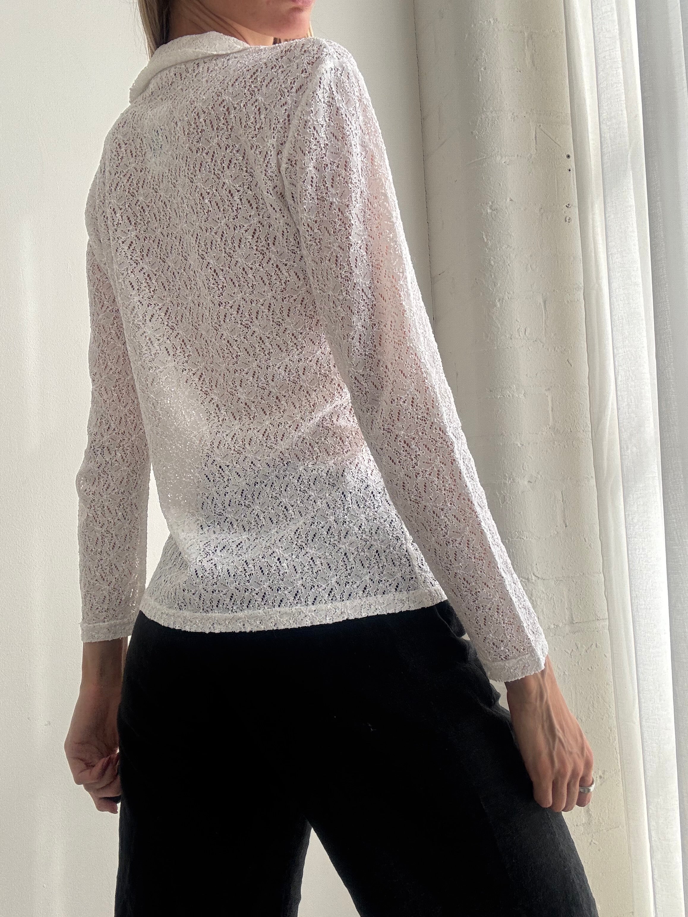 Vintage Y2K White Sheer Lace Button-Up Blouse - Size S