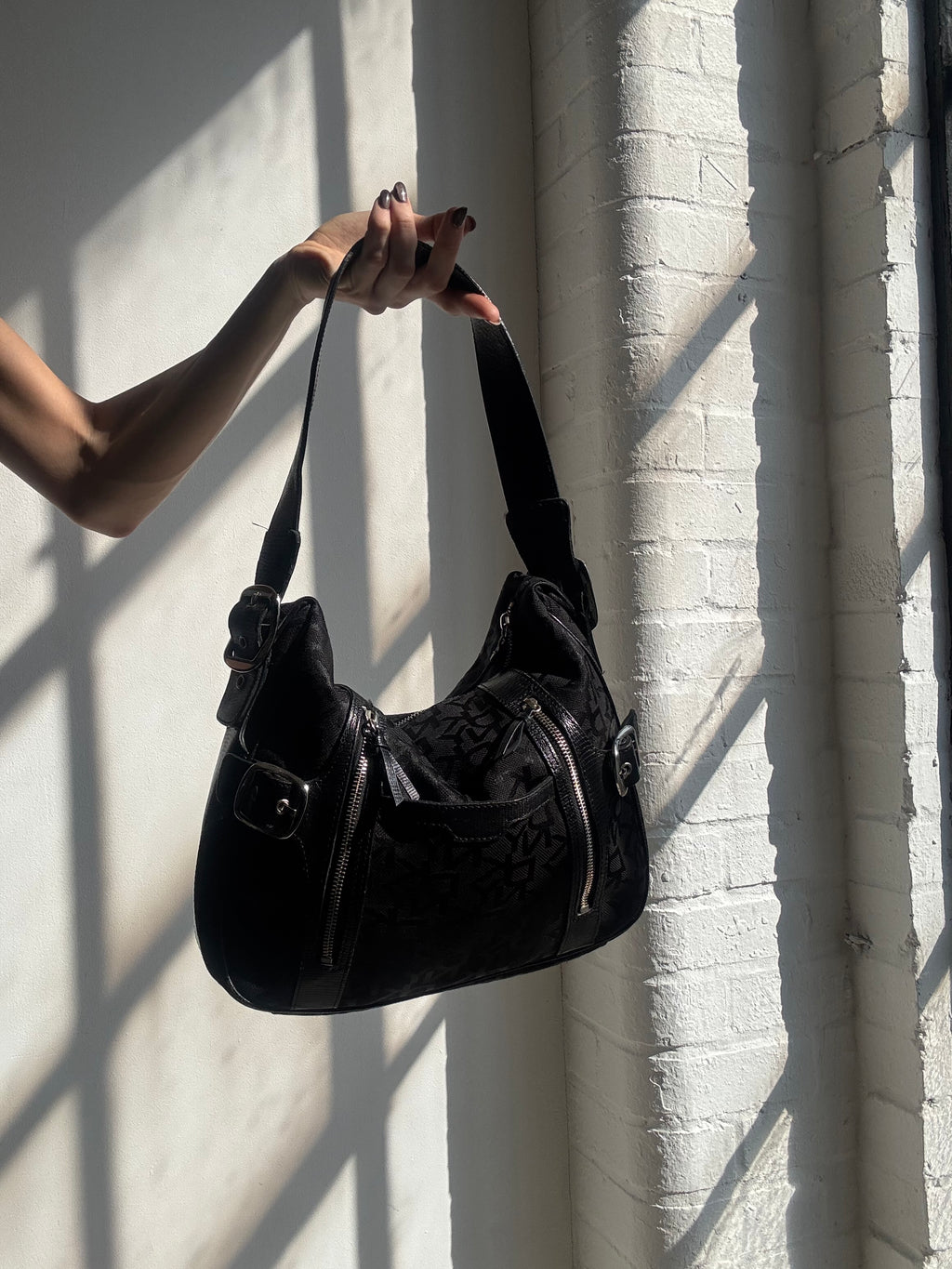 Vintage Y2K DKNY black monogram buckle shoulder bag