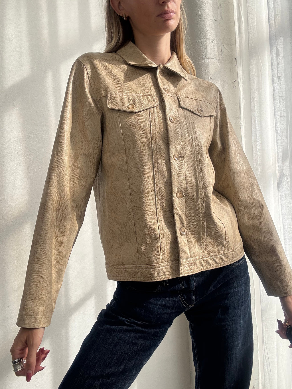 Vintage Y2K Beige Snake Print Faux Leather Jacket - Size S