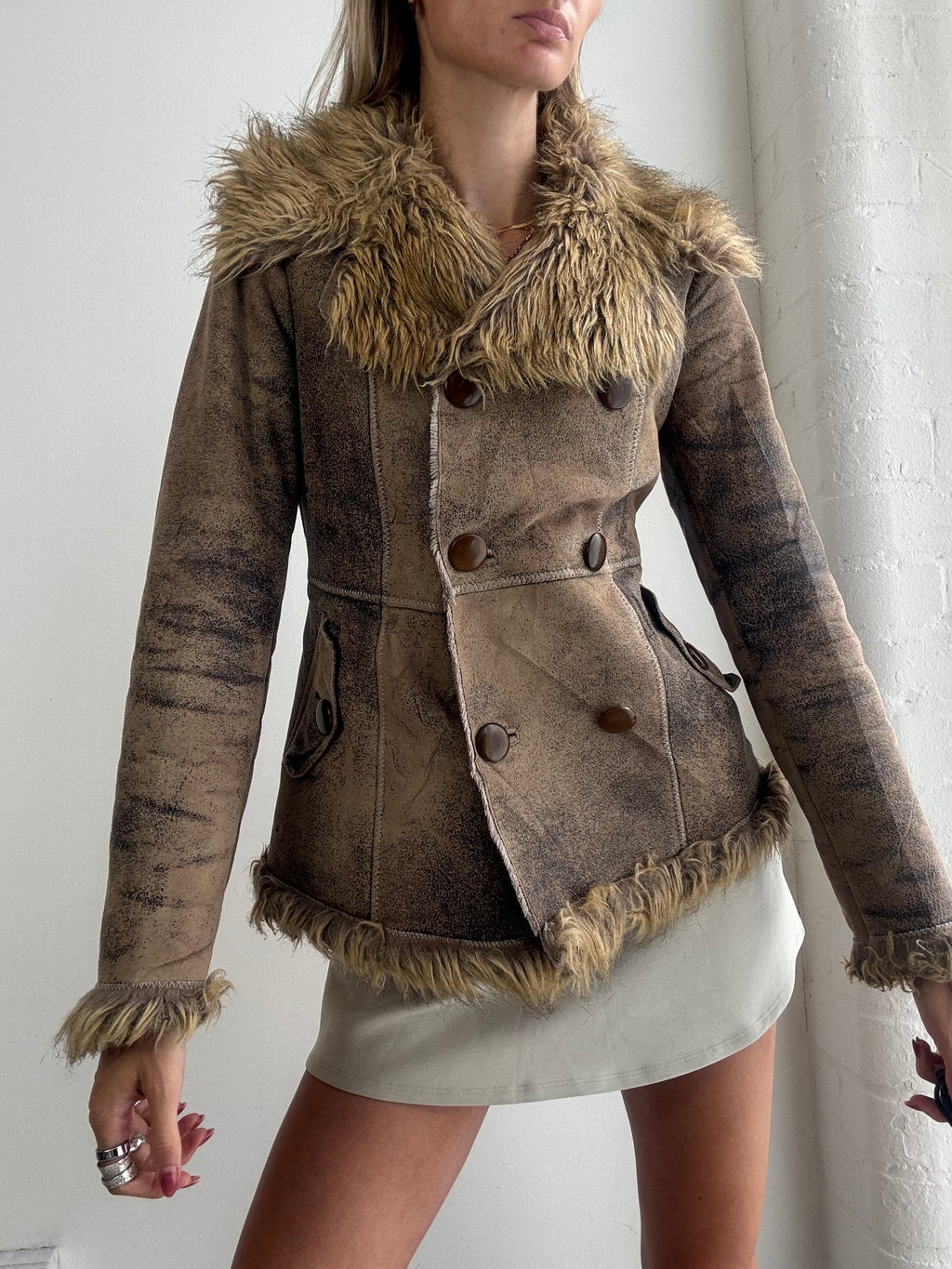 Vintage Y2K Brown Faux Fur Trim Fitted Afghan Jacket - Size S