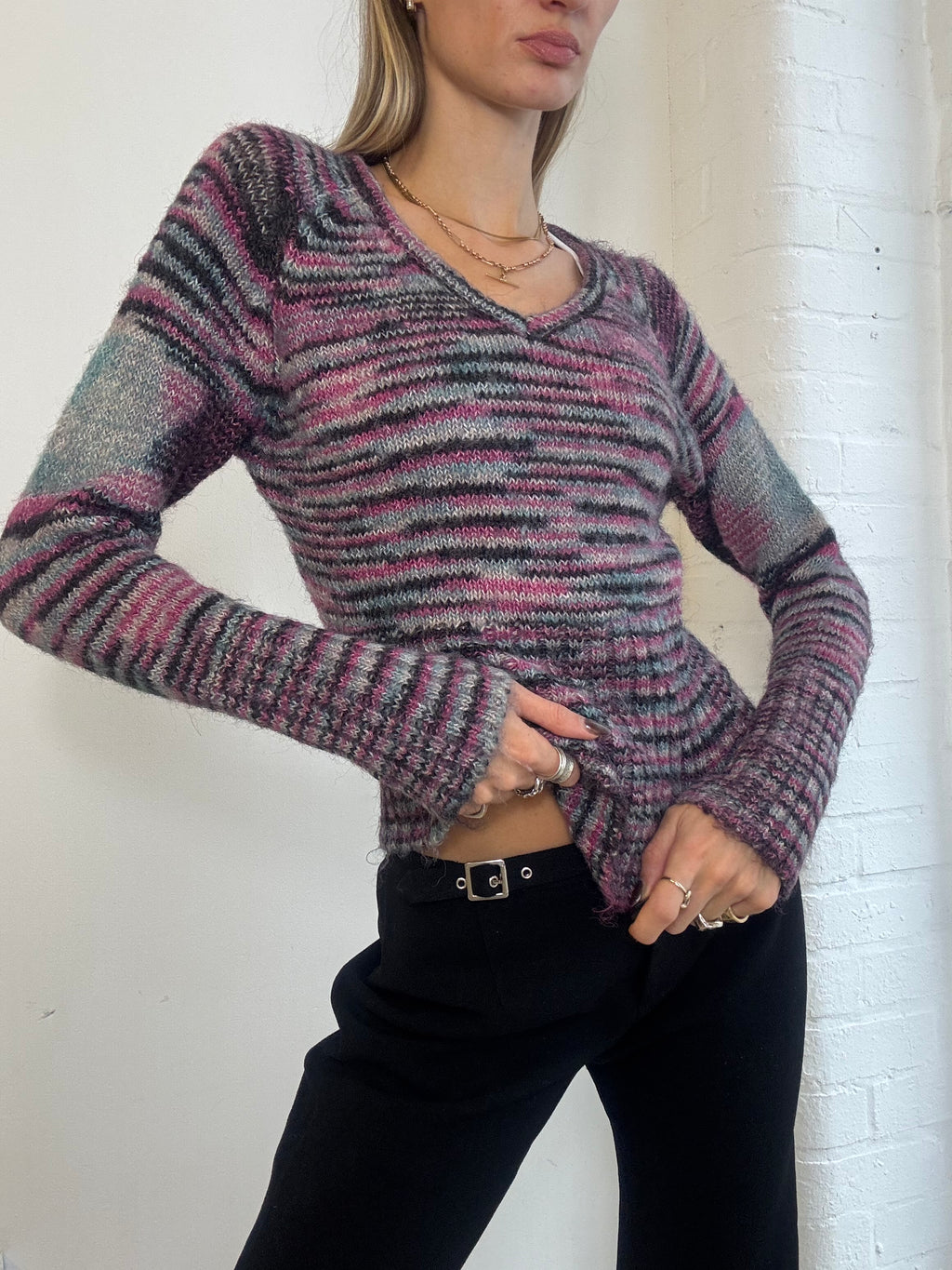 Vintage Y2K Pink & Grey Space Dye Mohair Knit V Neck Jumper - Size M