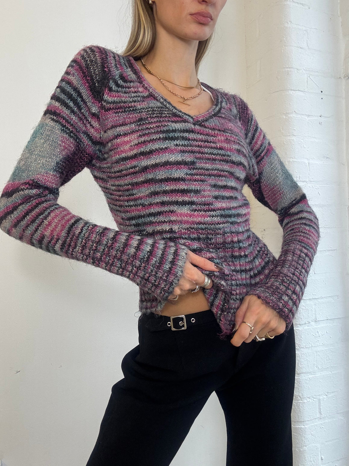 Vintage Y2K Pink & Grey Space Dye Mohair Knit V Neck Jumper - Size M
