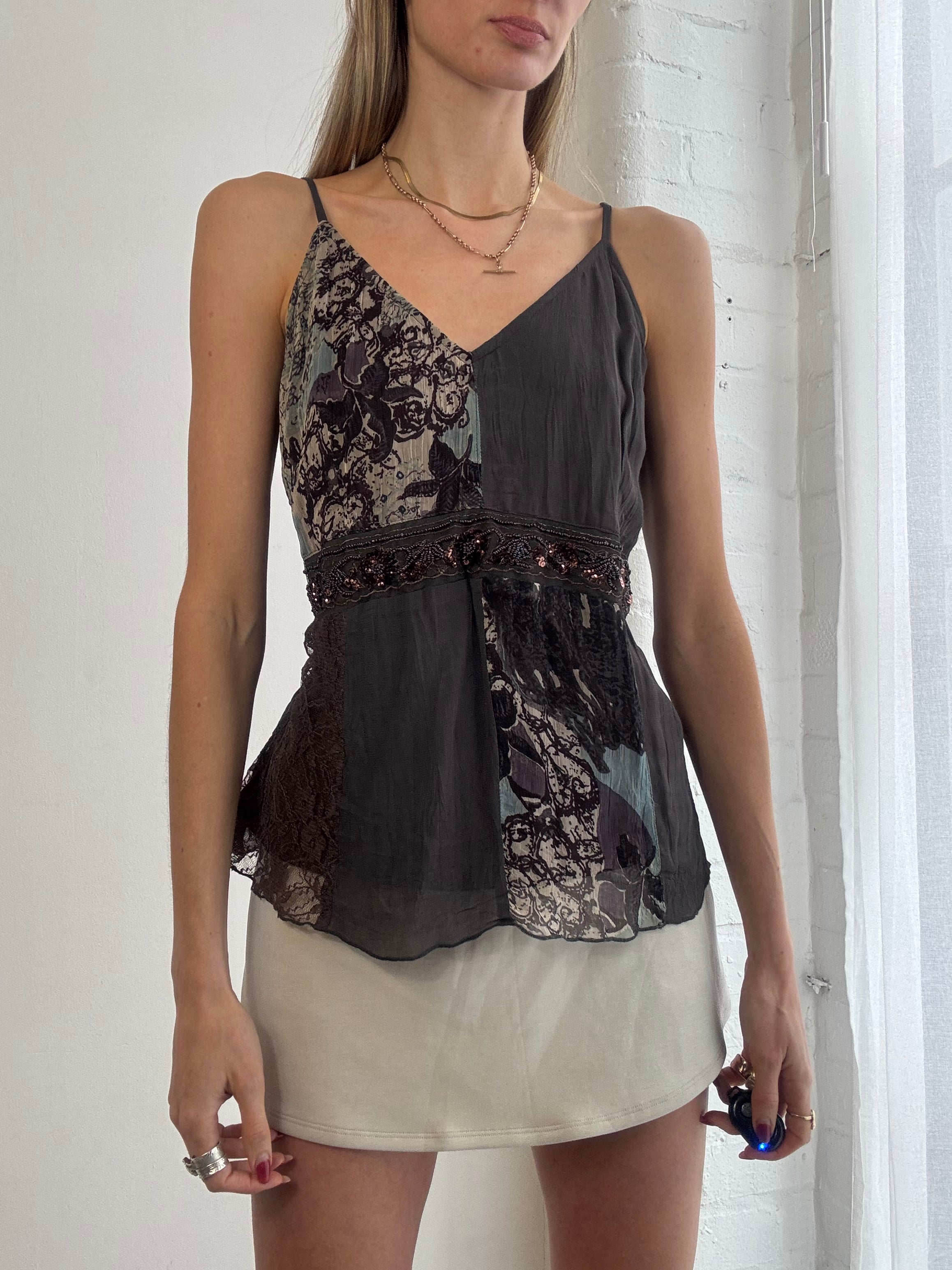 Vintage Y2K beaded lace patchwork cami top
