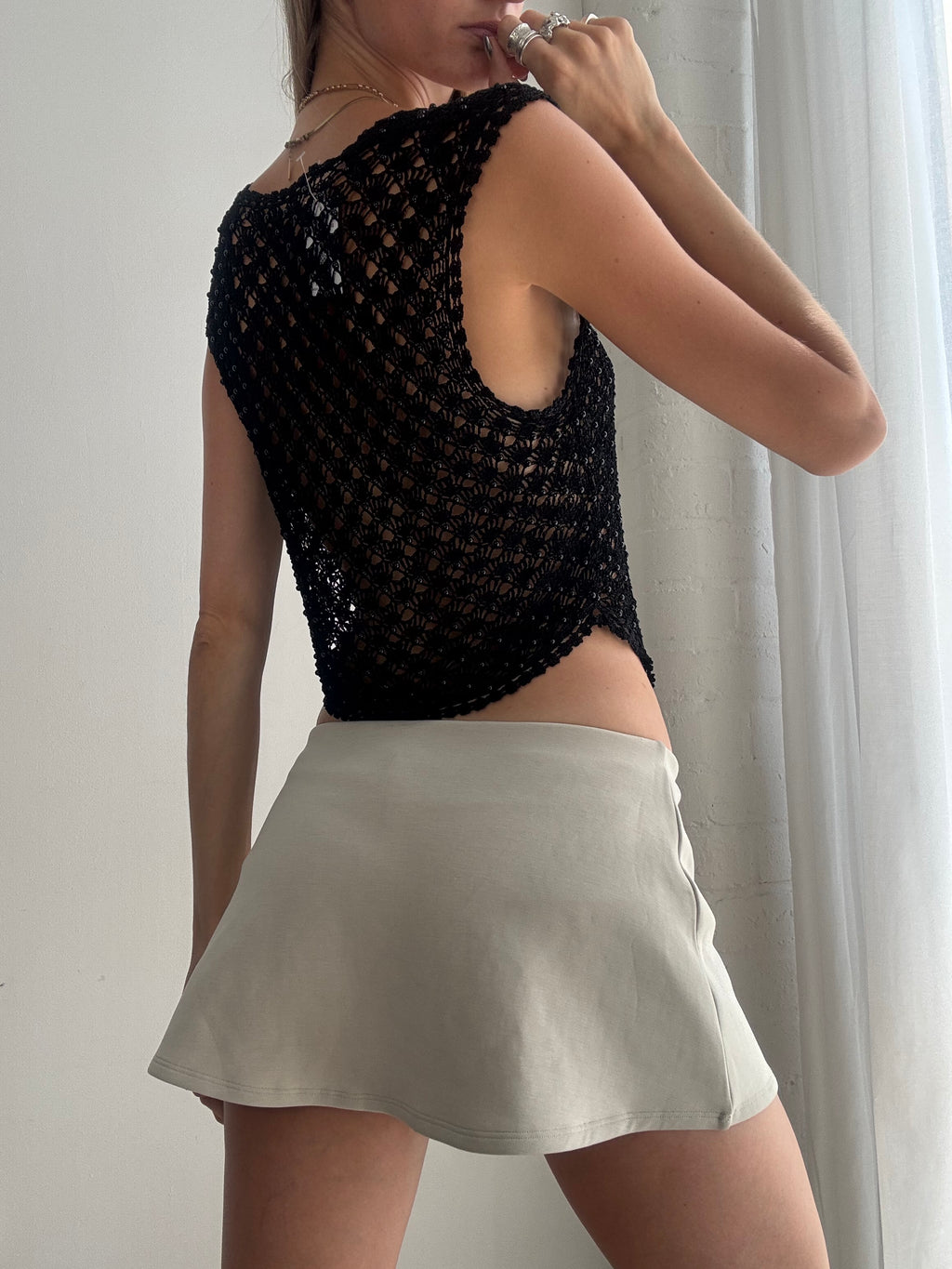 Vintage Y2K Black Crochet Knit Waistcoat – Boho Open Knit Sleeveless Vest - Size S