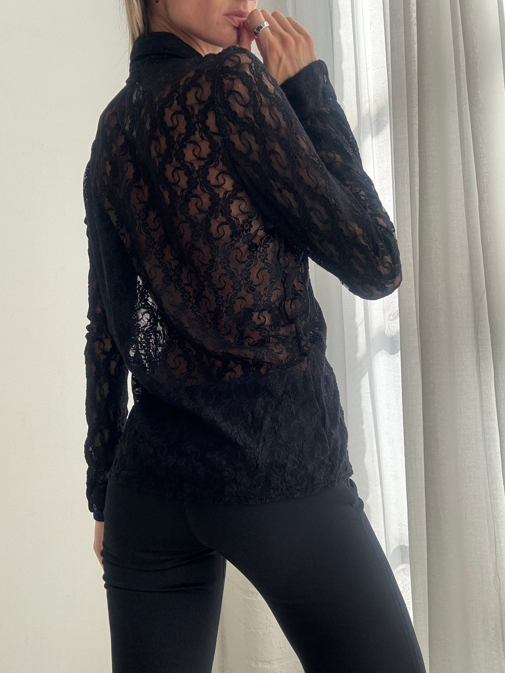 Vintage Y2K Ralph Lauren Black Sheer Lace Button Up Shirt Top - Size S
