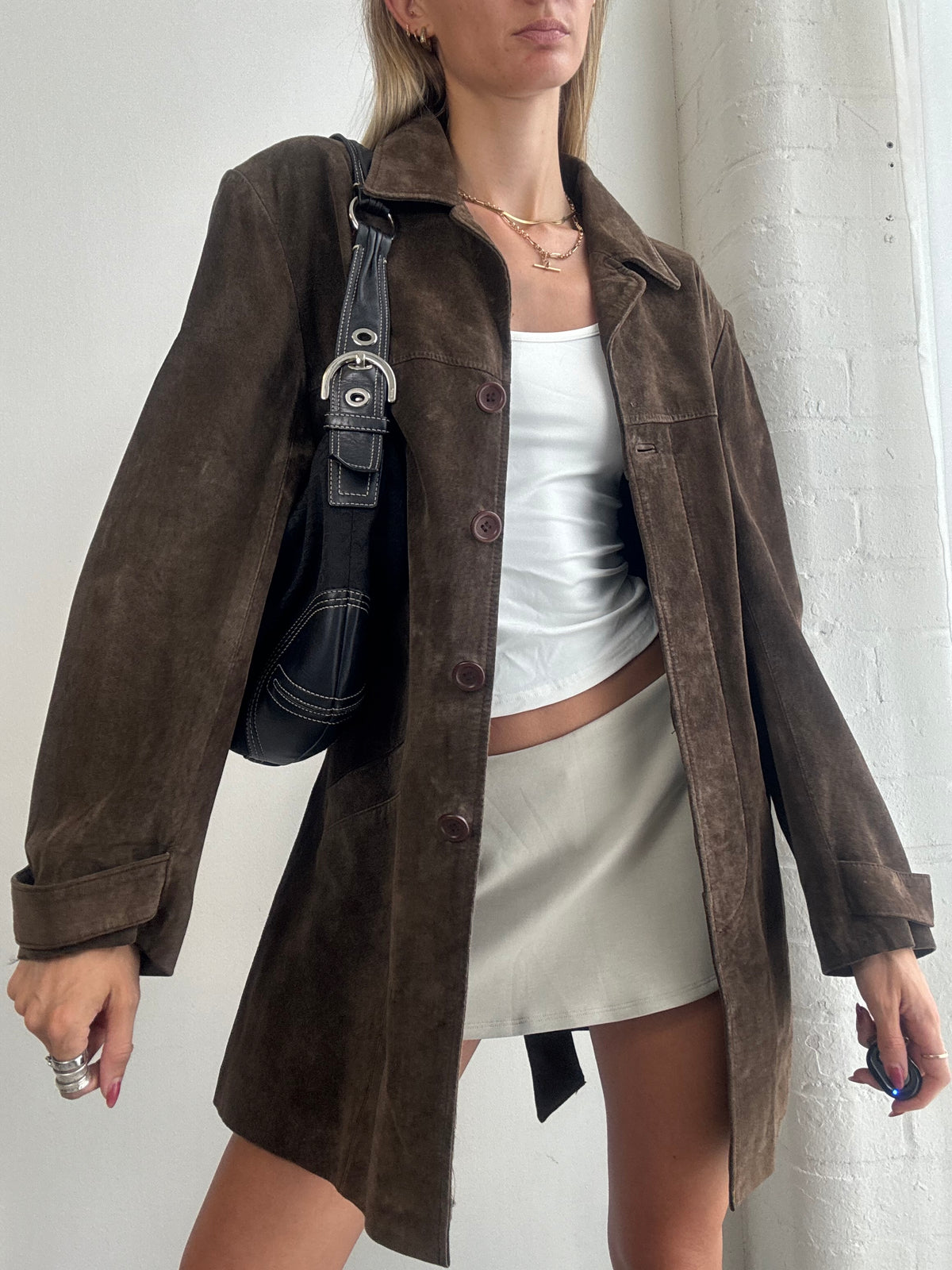 Vintage 90's Chocolate Brown Suede Belted Jacket - Size M