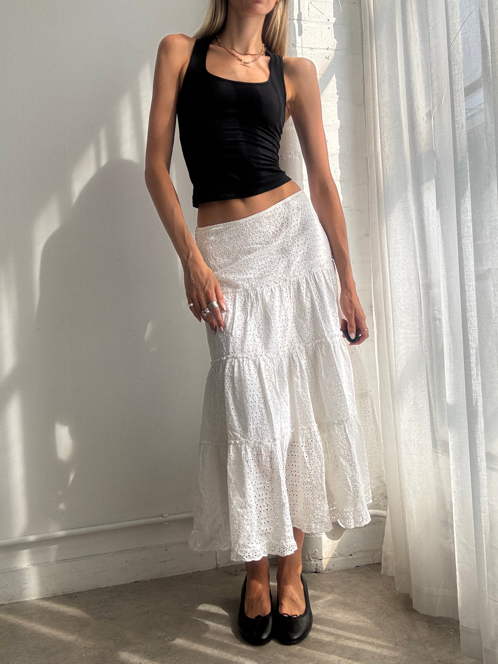 Vintage Y2K White Broderie Tiered Cotton Maxi Skirt - Size XS