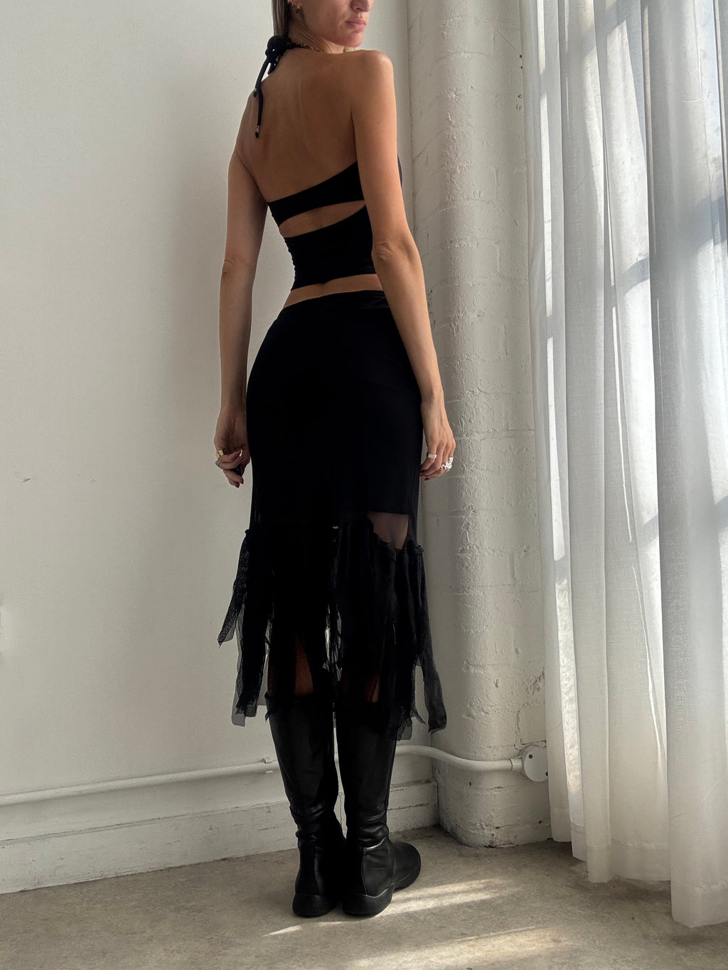Vintage 90s Black Asymmetric Mesh Midi Skirt - Size XS/S