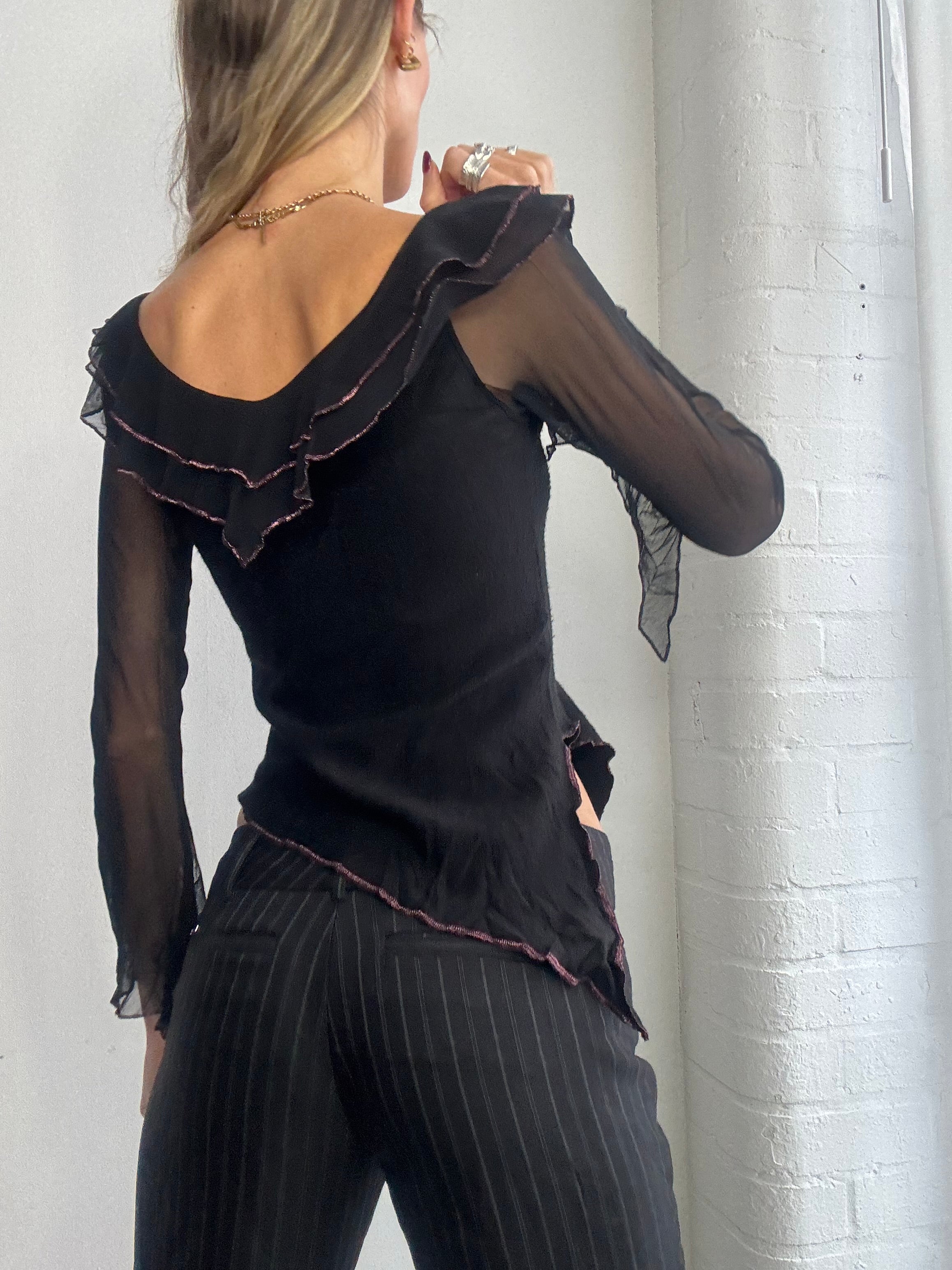 Vintage Y2K asymmetric ruffle mesh top