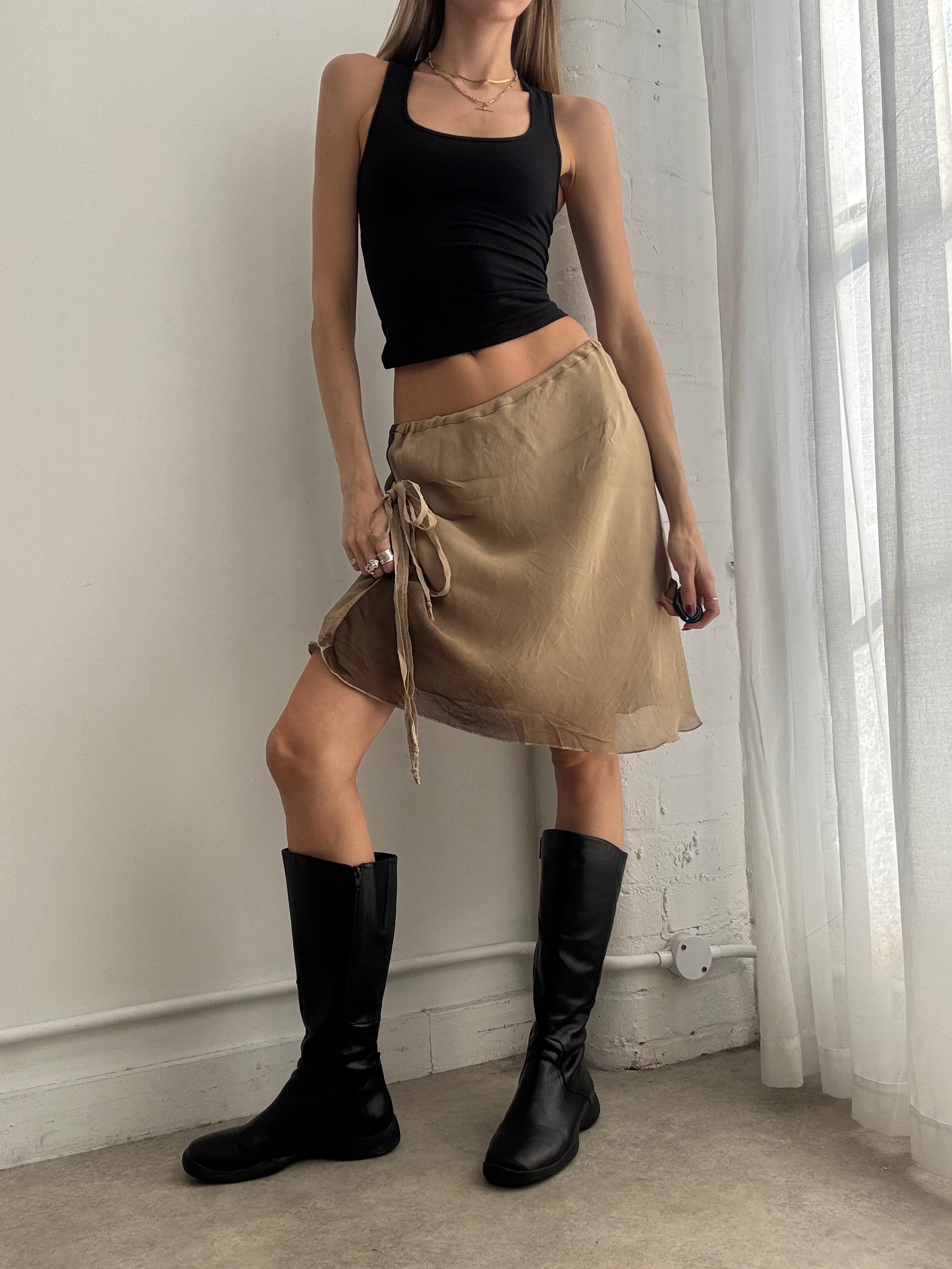 Vintage Y2K brown mesh tie side midi skirt