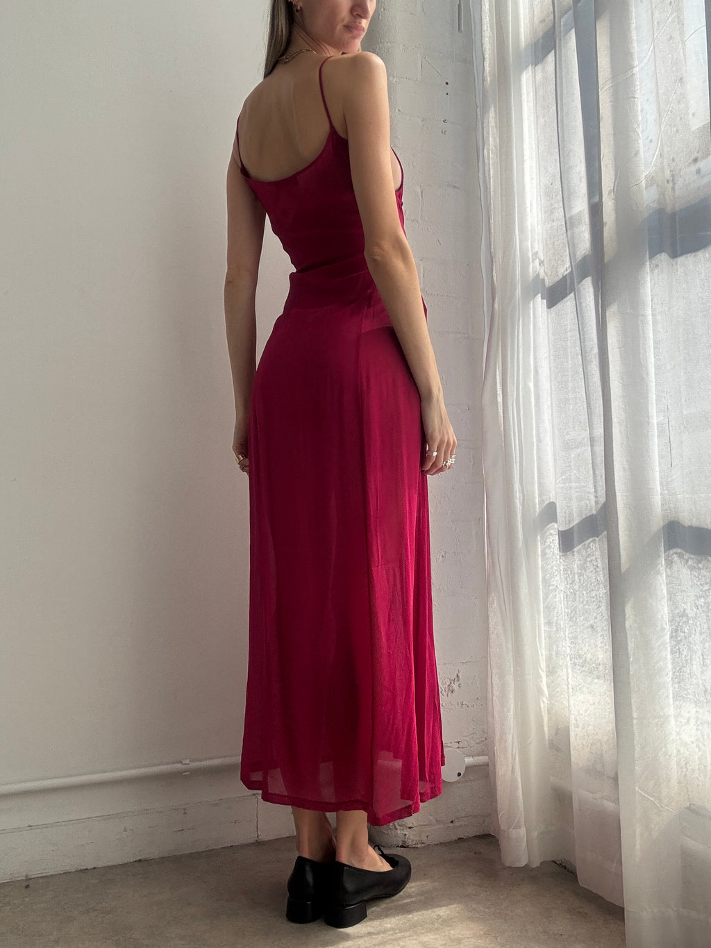 Vintage Y2K raspberry pink lace up chiffon maxi dress - Size S