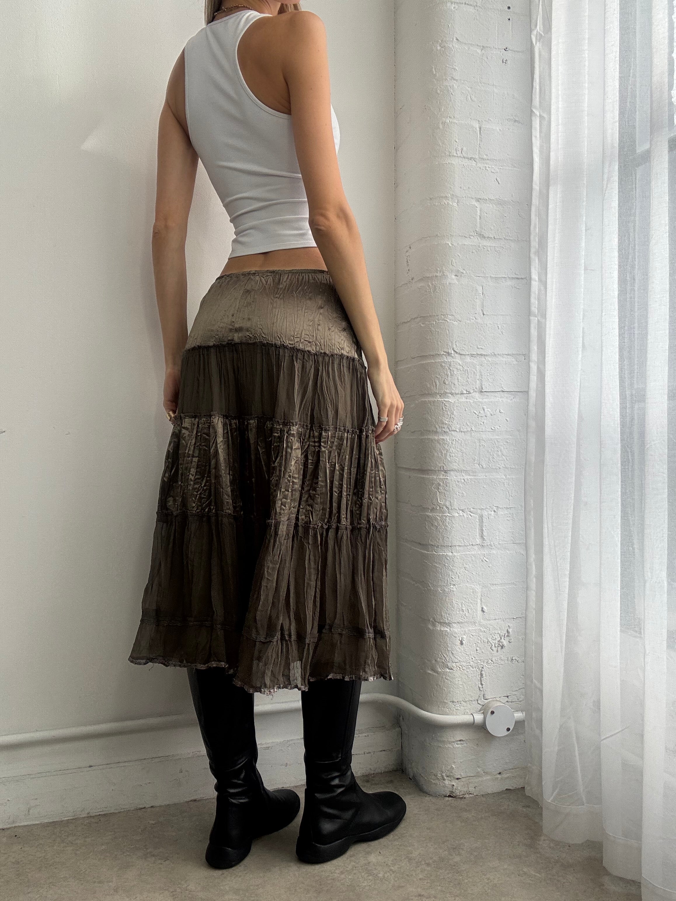 Vintage Y2K khaki green tiered satin midi skirt