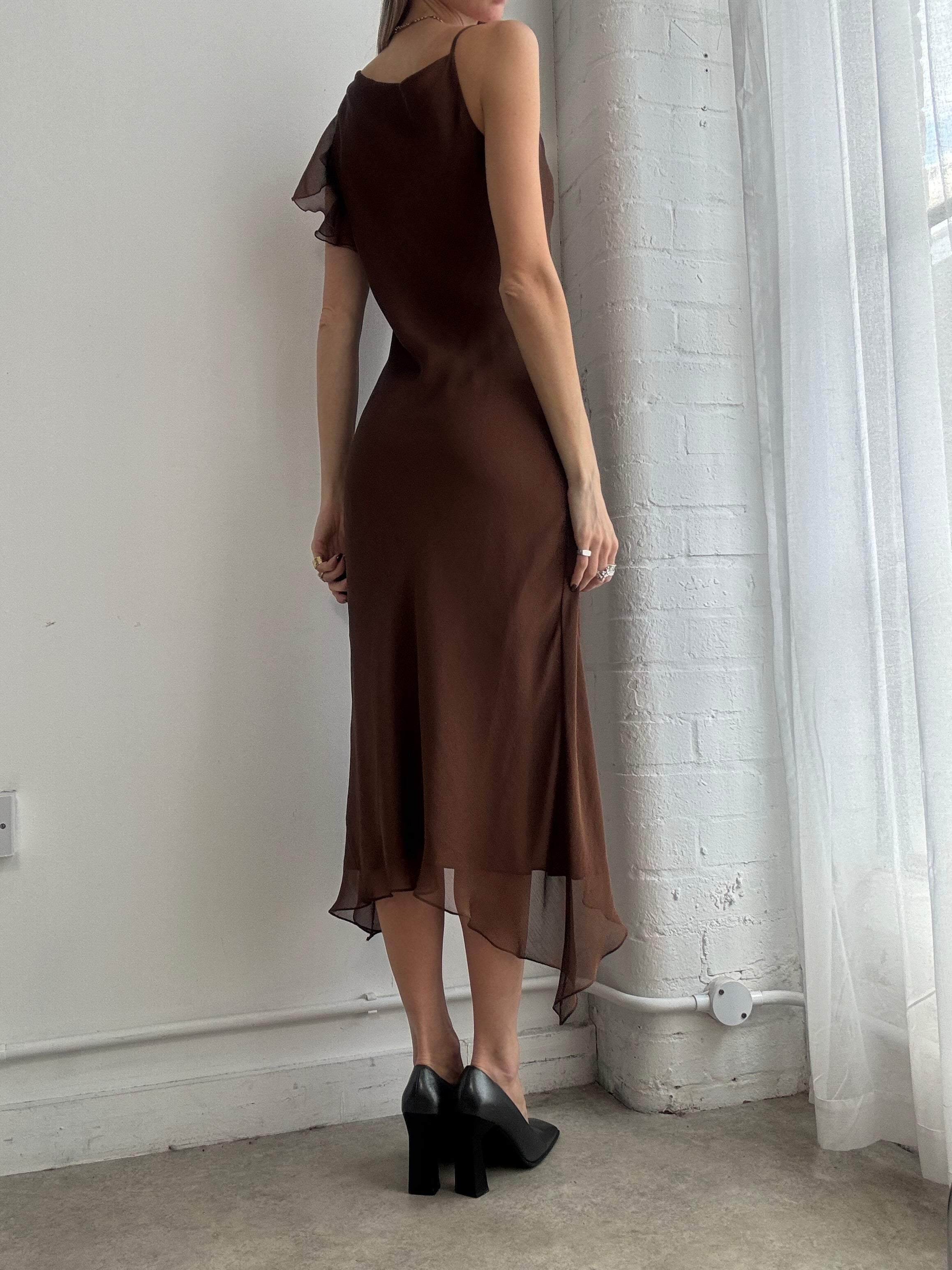 Vintage 90's chocolate brown asymmetric slip midi dress - Size M