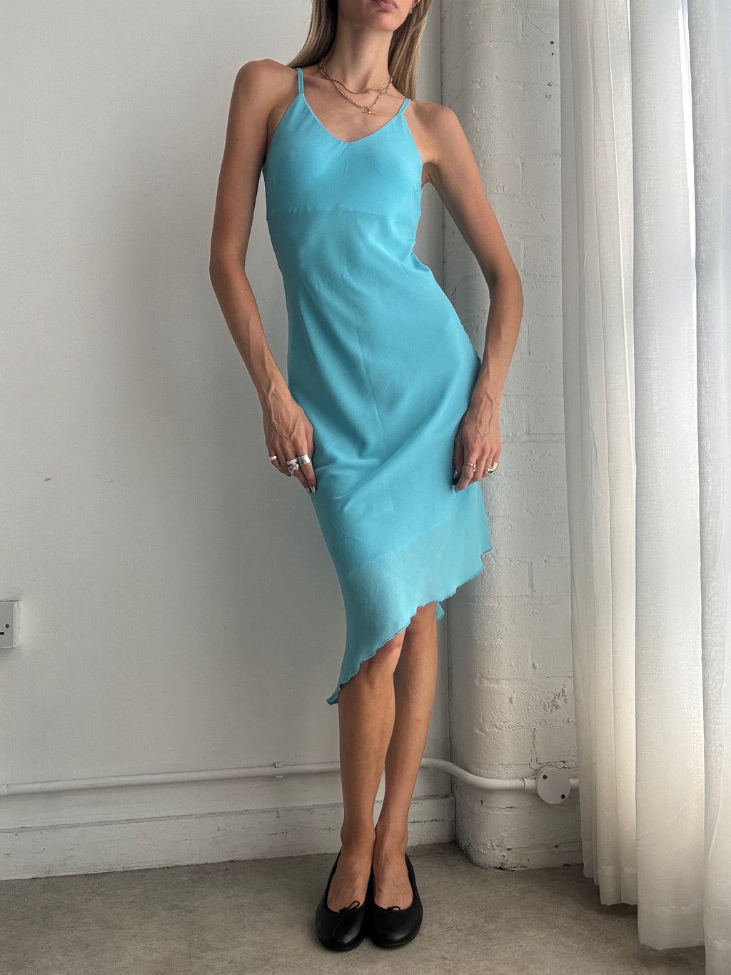 Vintage Y2K Turquoise Bias Cut Slip Dress – Asymmetric Hem Midi Dress - Size XS