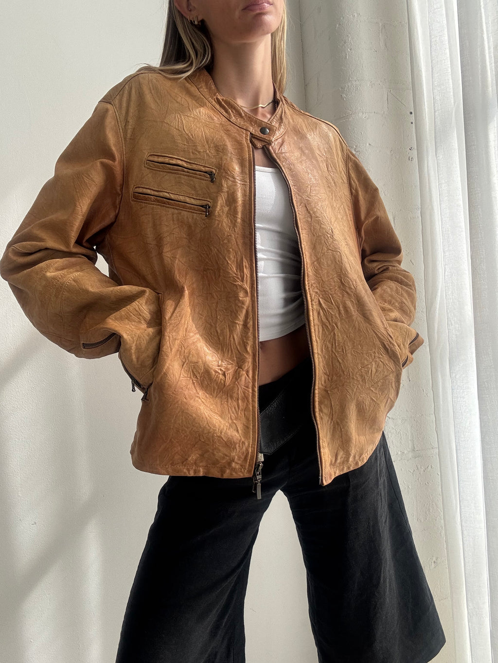 Vintage Y2K Tan Brown Leather Biker Jacket - Size L