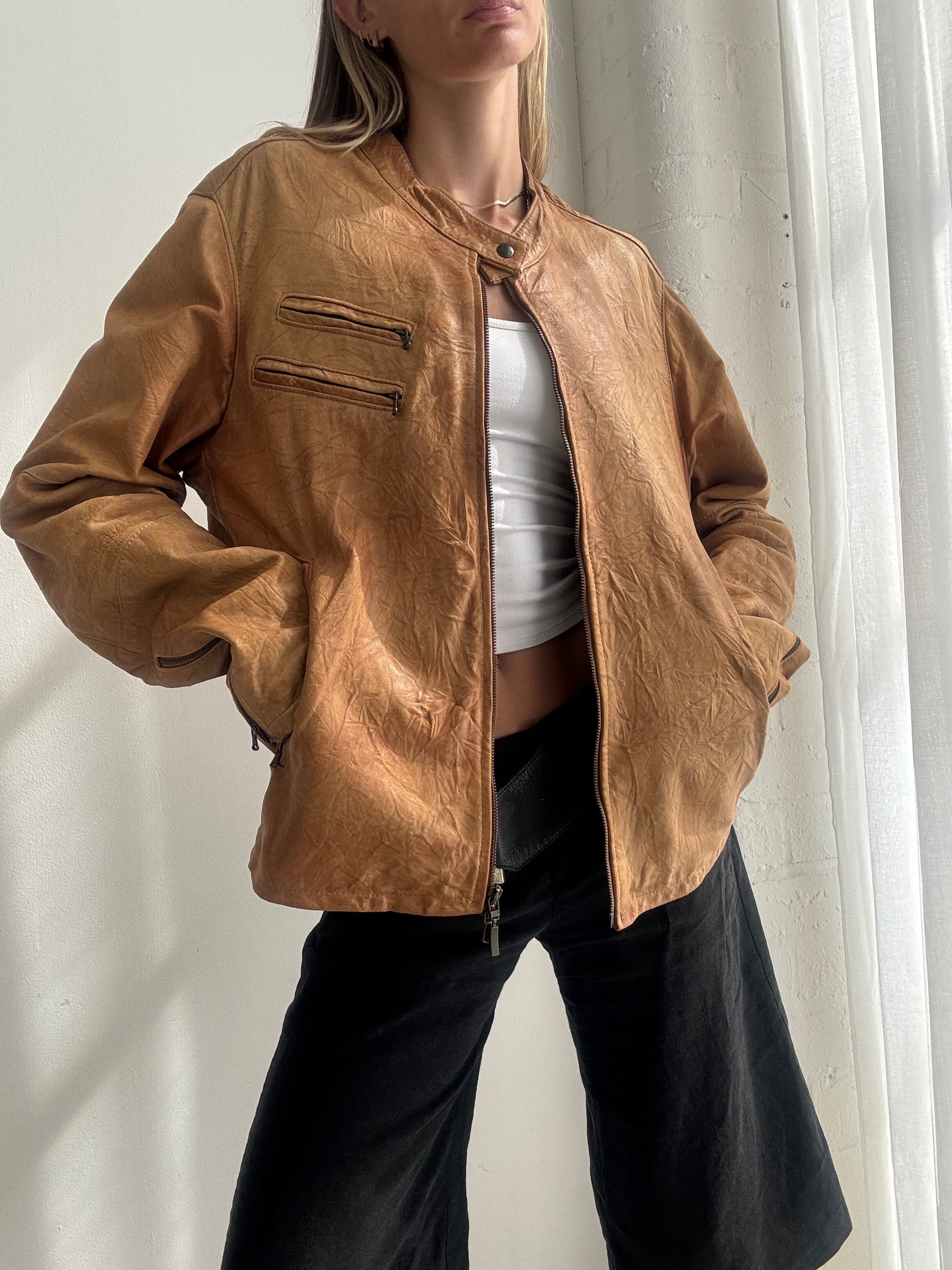 Vintage Y2K Tan Brown Leather Biker Jacket - Size L
