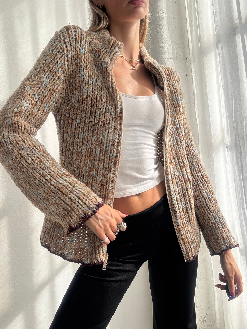 Vintage Y2K Multicolour Textured Knit Dual Zip Up Cardigan - Size M