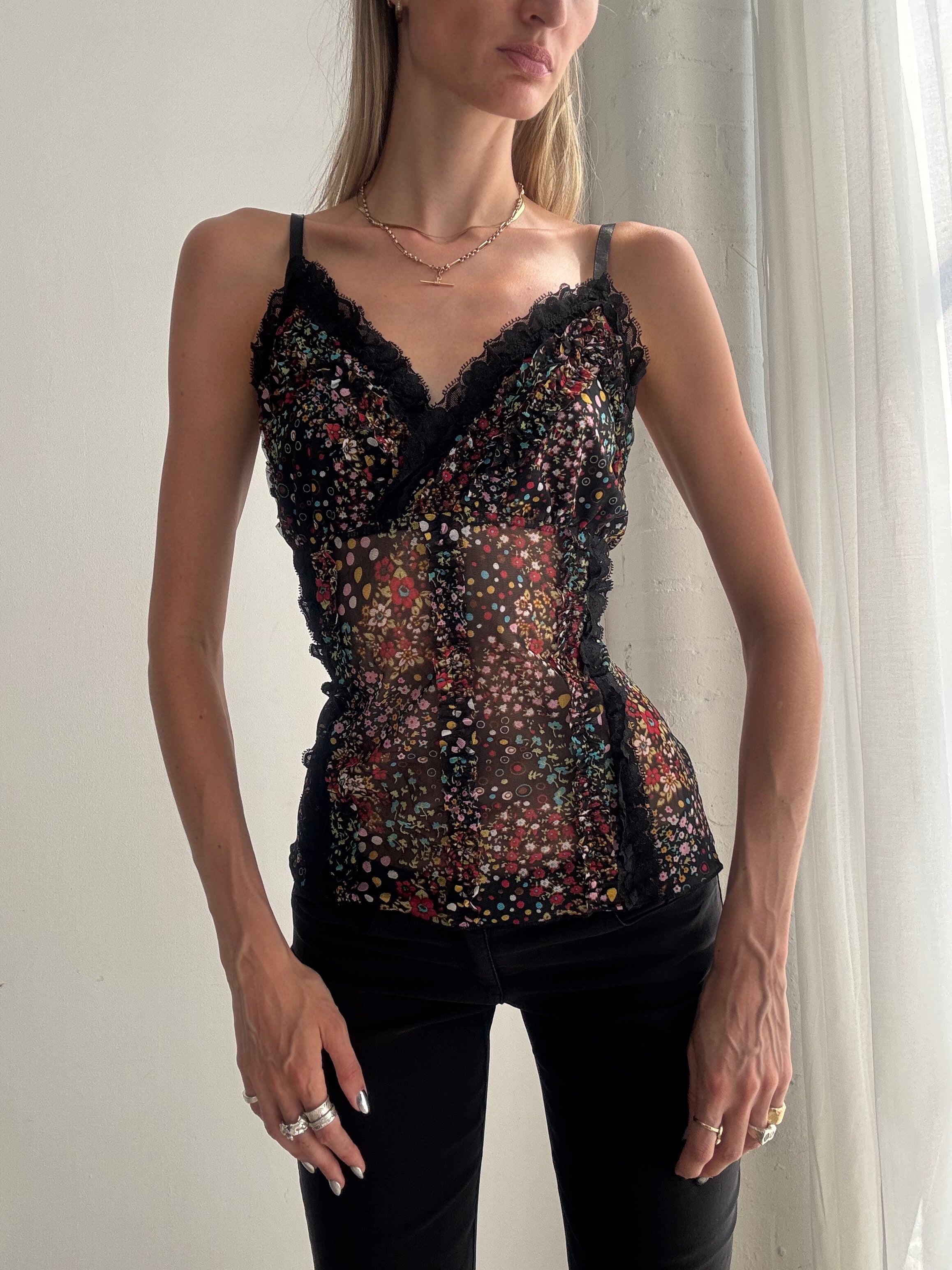 Vintage Y2K Black Floral Mesh Cami Top – Lace Trim - Size L