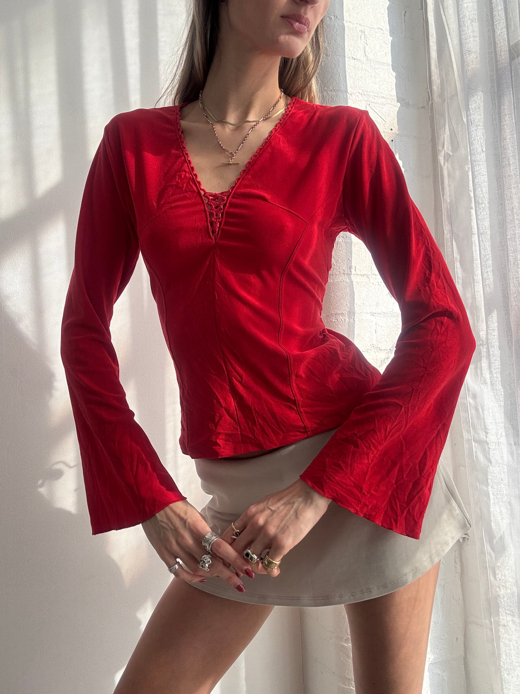 Vintage Y2K red mesh flare sleeve top