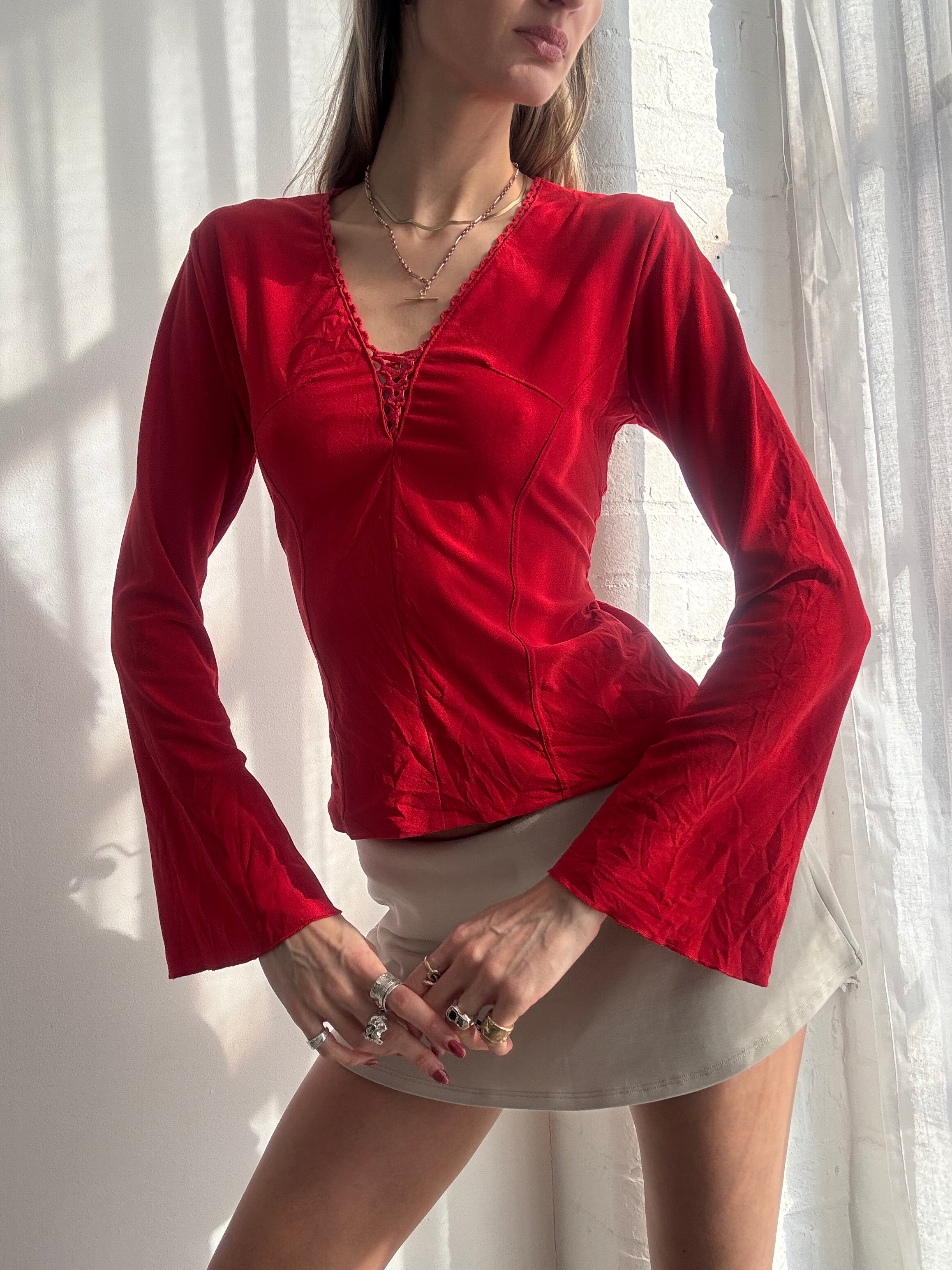 Vintage Y2K red mesh flare sleeve top