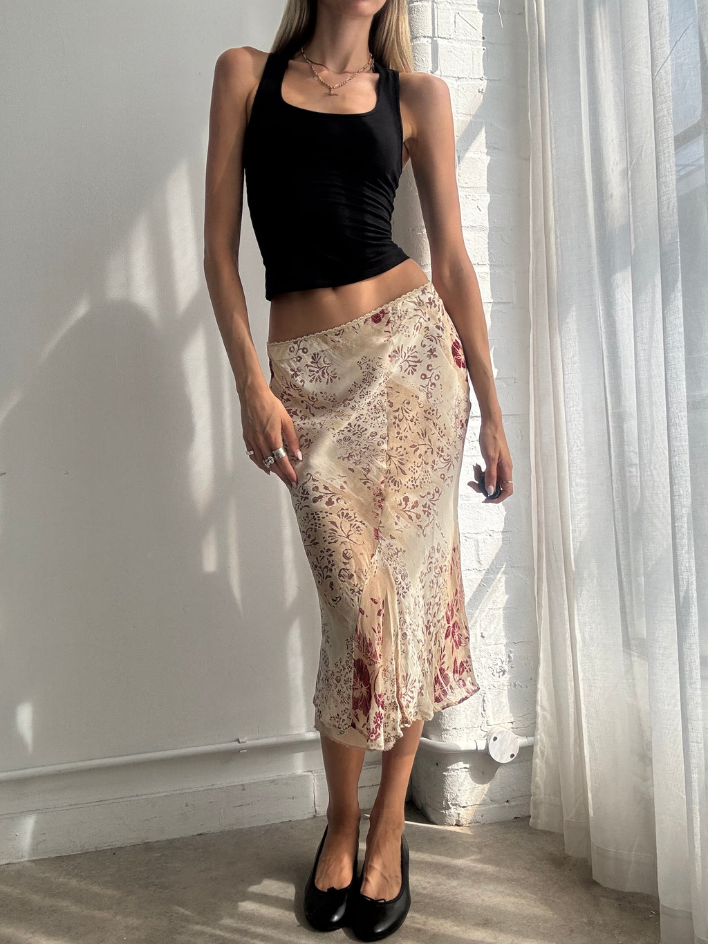 Vintage Y2K Cream Floral Bias Cut Mesh Midi Skirt - Size XS
