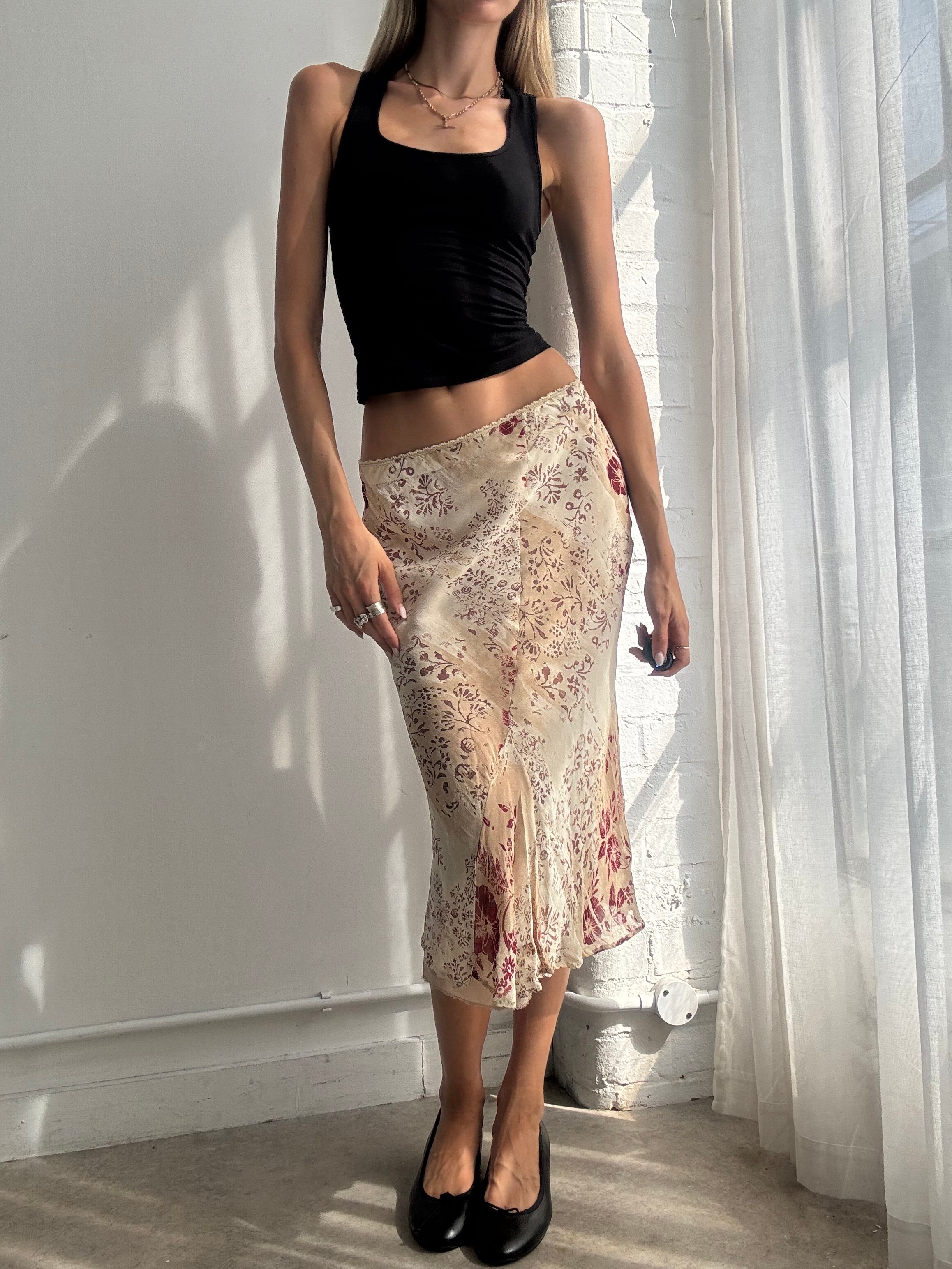 Vintage Y2K Cream Floral Bias Cut Mesh Midi Skirt - Size XS