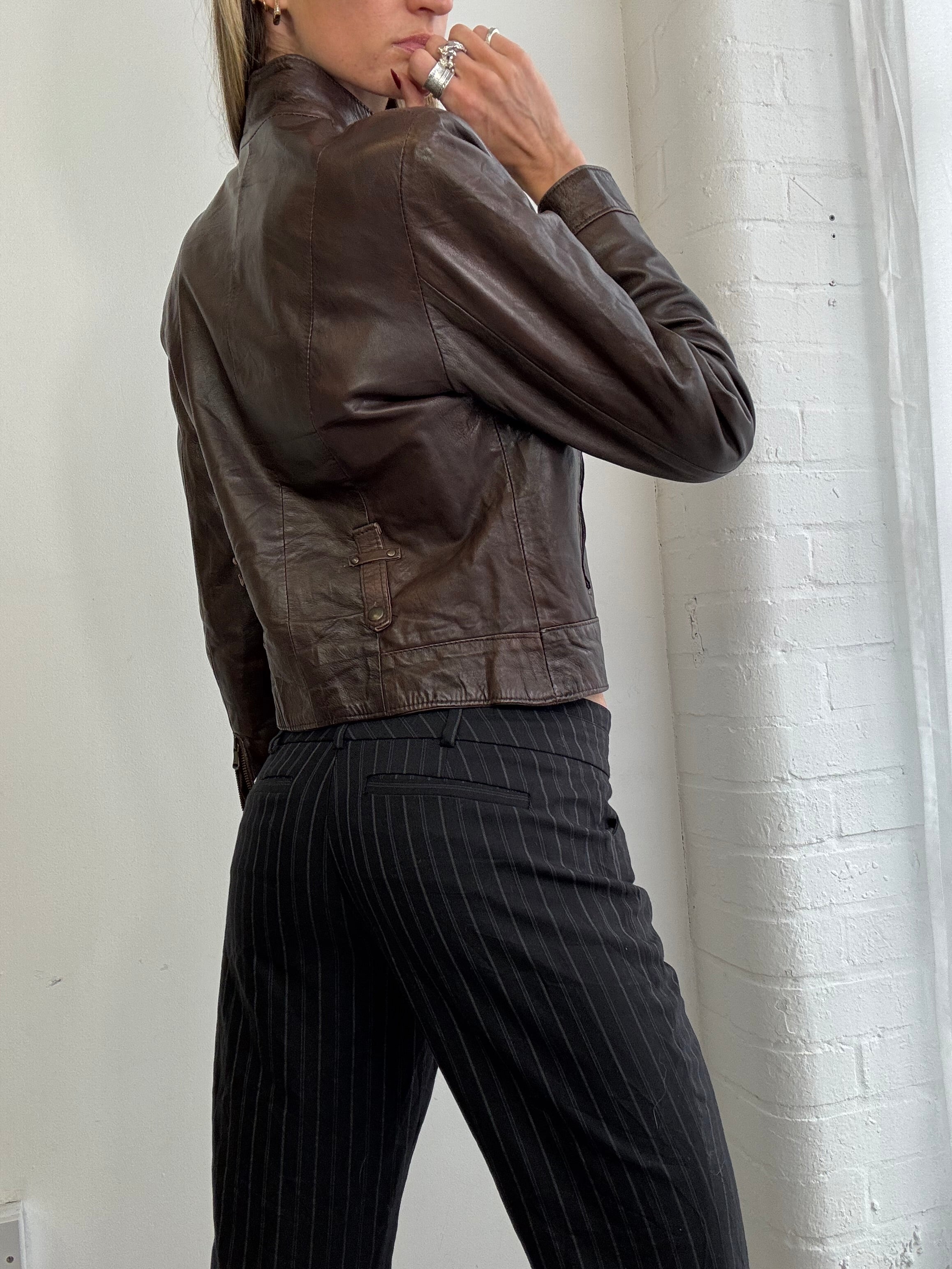 Vintage Y2K dual zip leather biker jacket brown