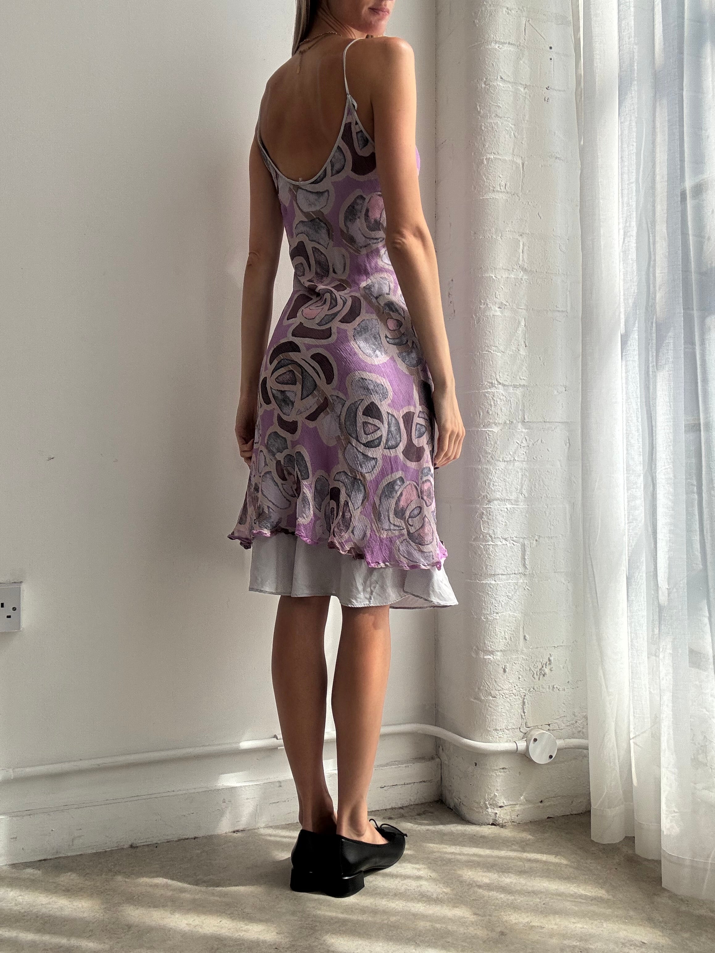 Vintage Y2K lilac silk abstract mesh slip dress - Size M