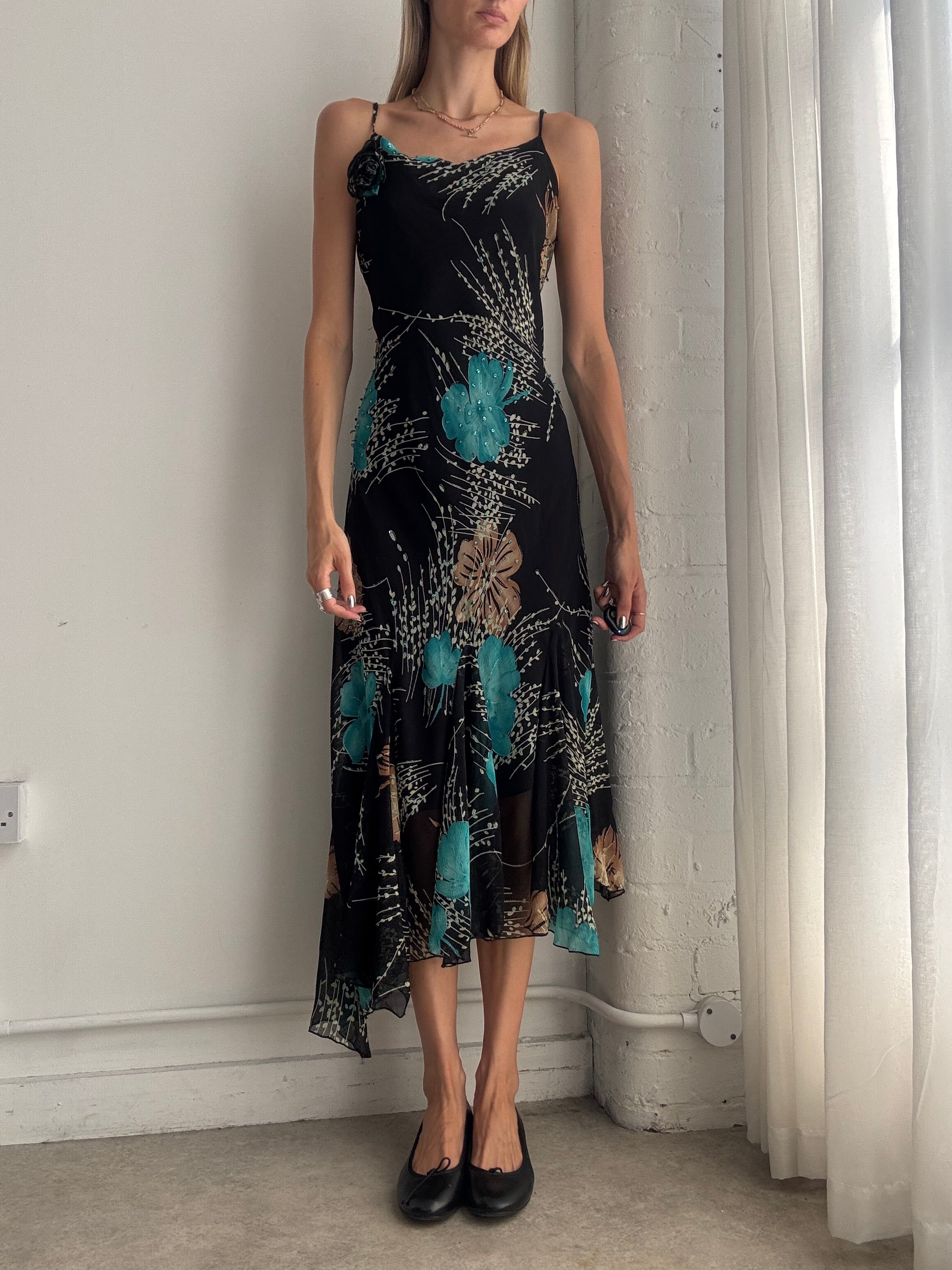 Vintage Y2K Black & Turquoise Floral Mesh Midi Slip Dress – Size M/L