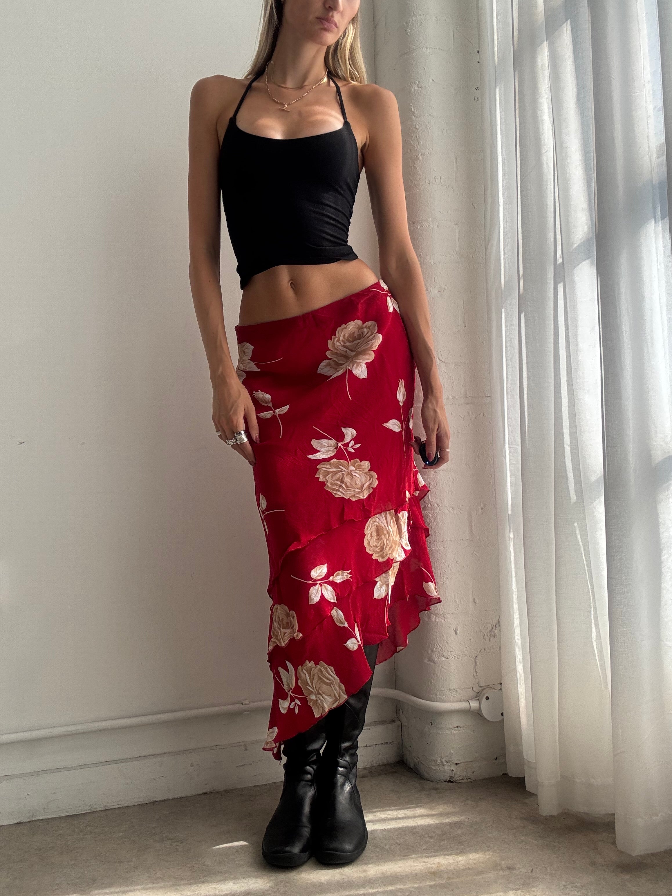 Vintage Y2K Red Floral Asymmetric Midi Skirt - Size XS/S