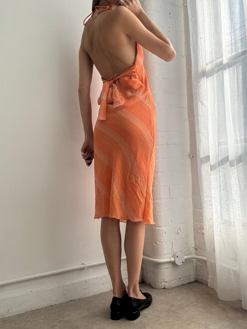 Vintage Y2k Orange Stripe Halter Neck Mesh Mid Dress Summer