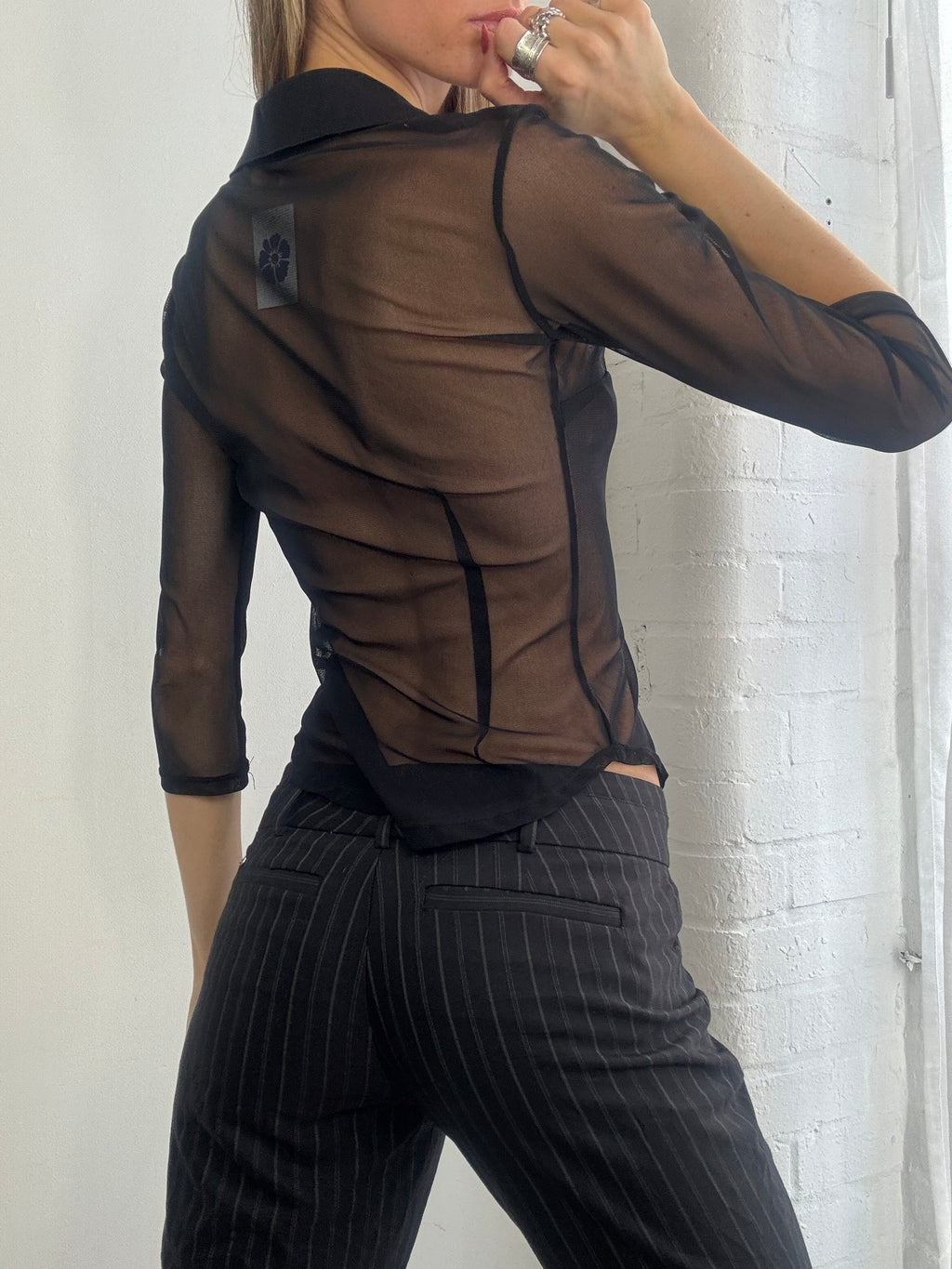 Vintage 90s black sheer mesh ruffle blouse