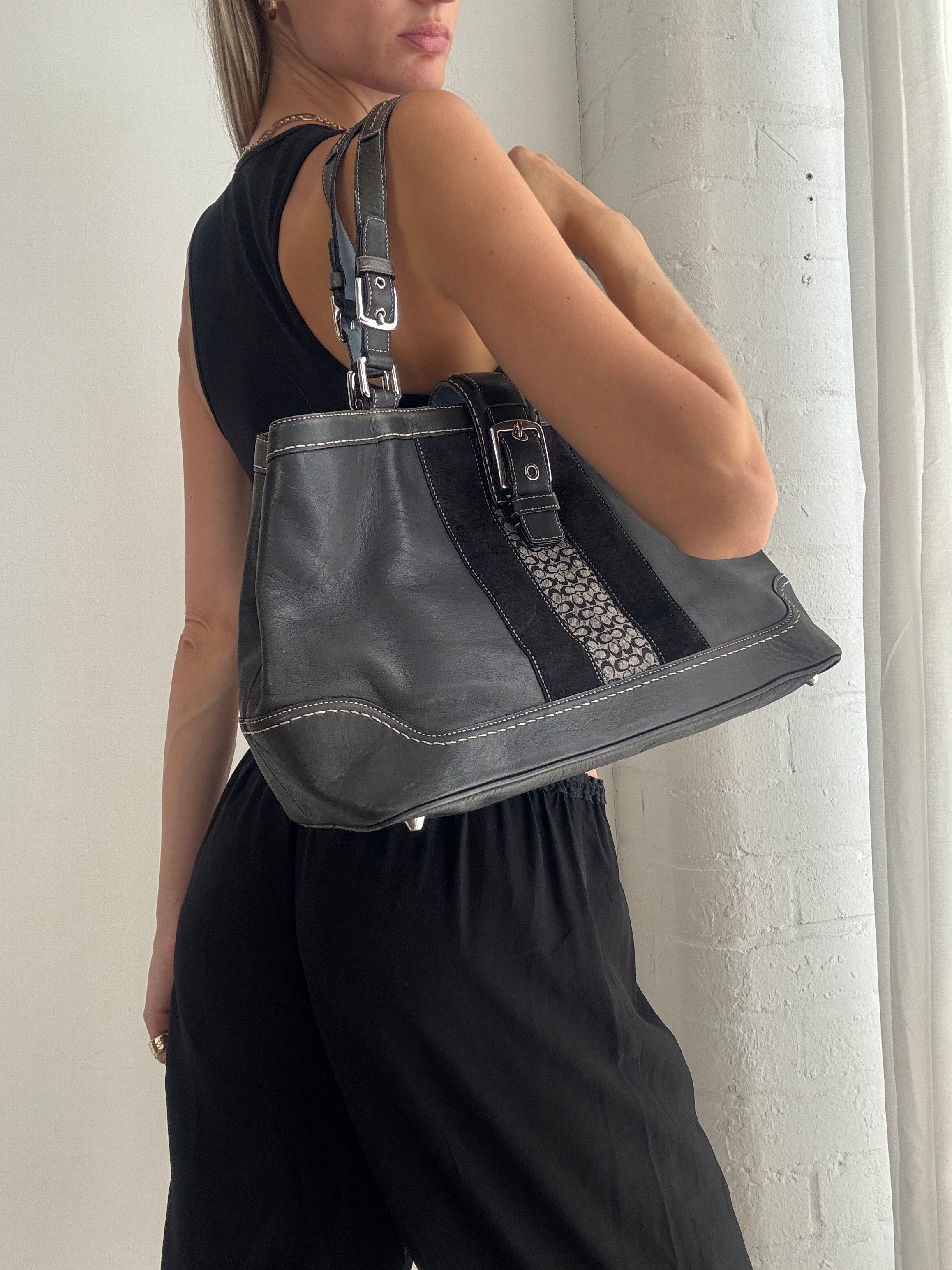 Vintage Y2K Coach Leather Shoulder Bag – Black Leather & Monogram Stripe Tote