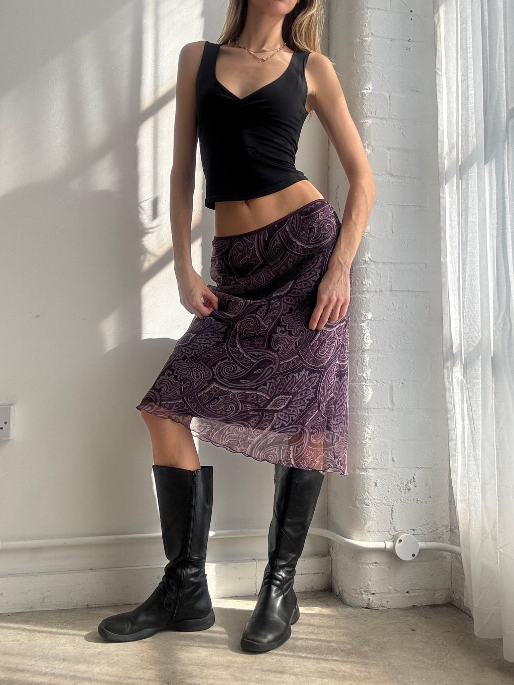 Vintage Y2K purple paisley mesh midi skirt