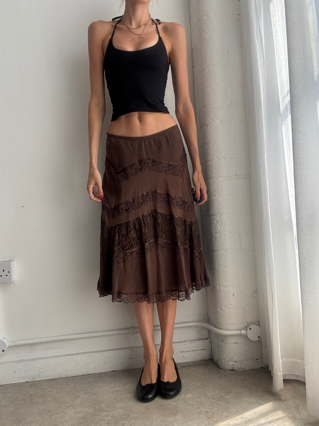 Vintage Y2K Brown Tiered Midi Skirt – Lace Ruffle Boho Skirt - Size M