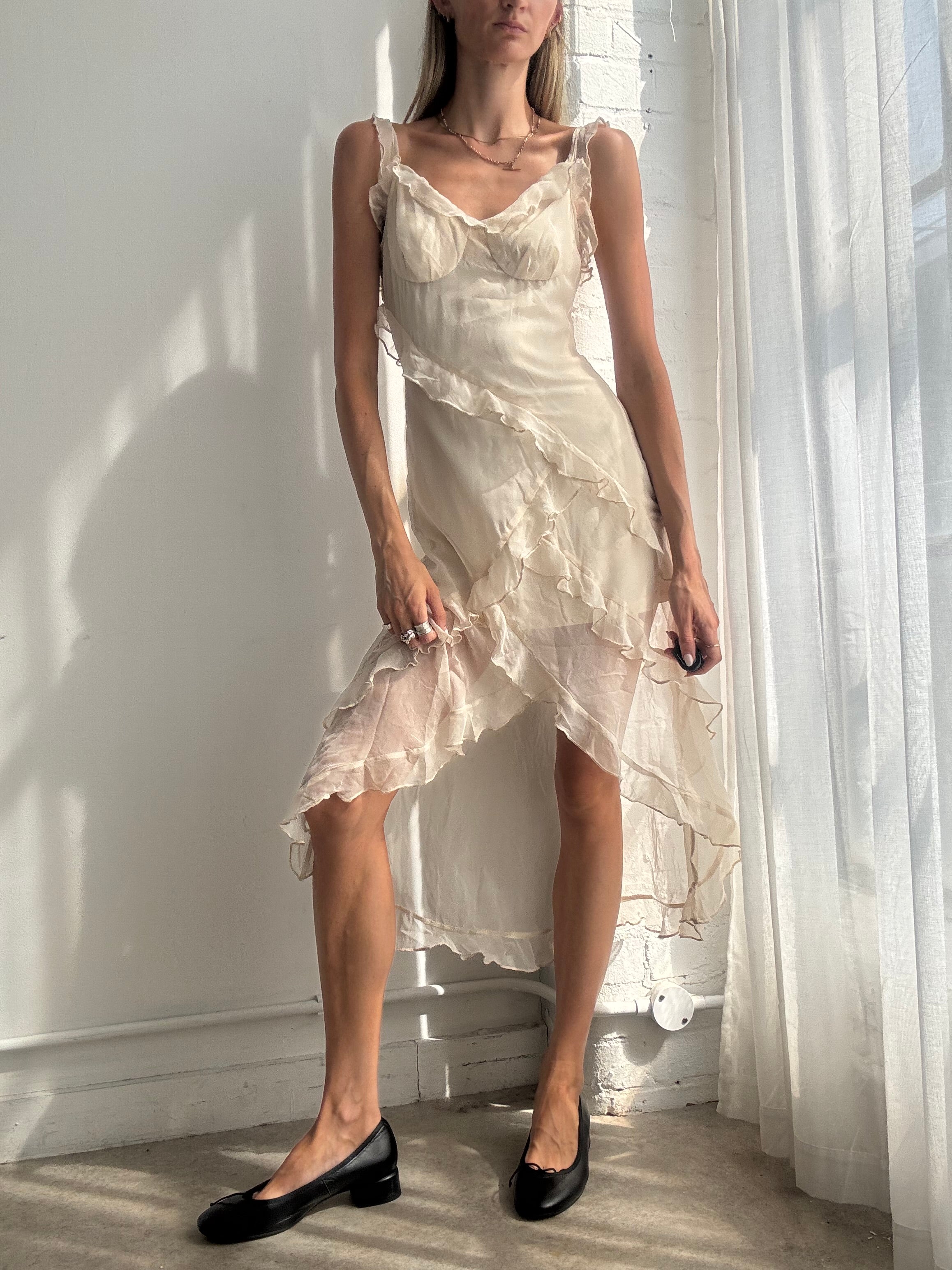 Vintage Y2K Ivory Fairy Ruffle Slip Dress - Size S