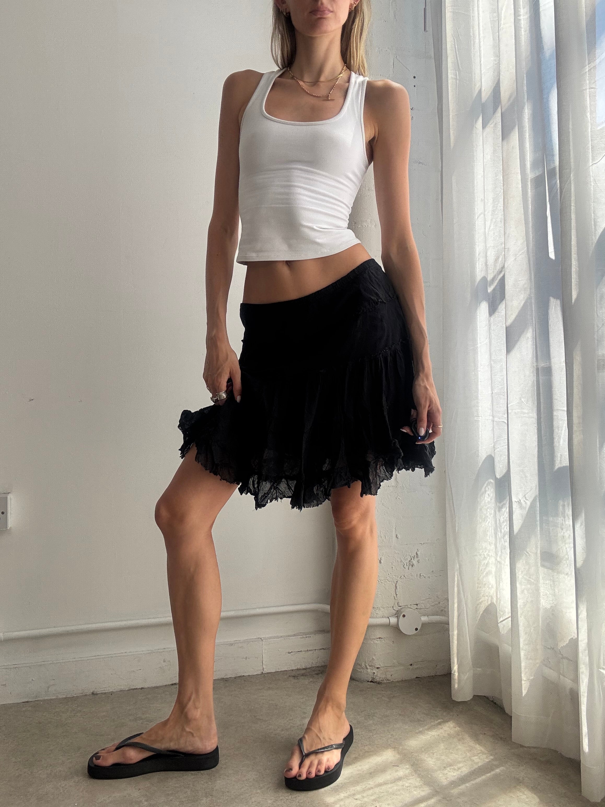 Vintage Y2k Black Cotton Tiered Ruffle Mini Skirt  - Size S/M