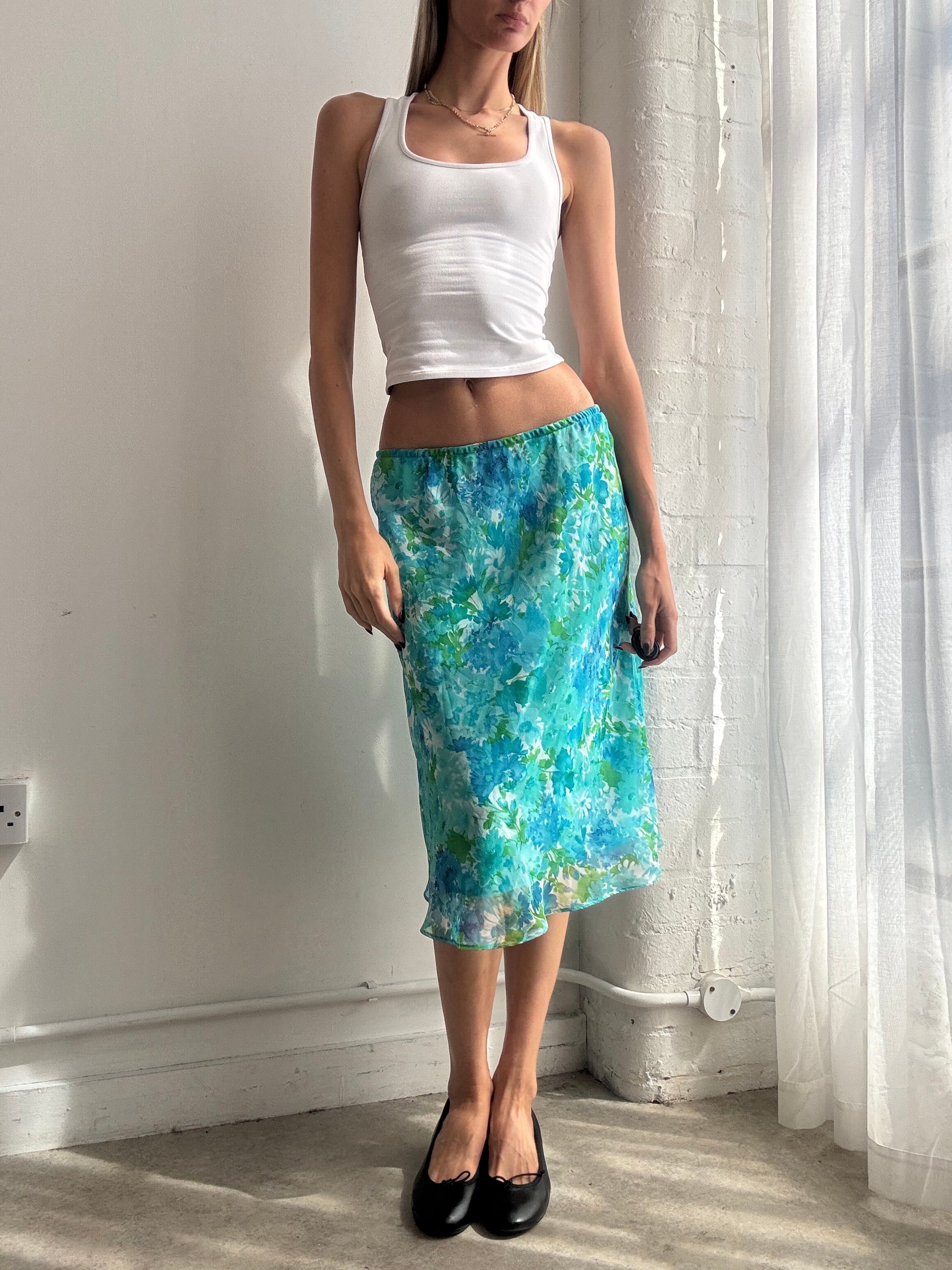 Vintage Y2K blue floral mesh midi skirt - Size S