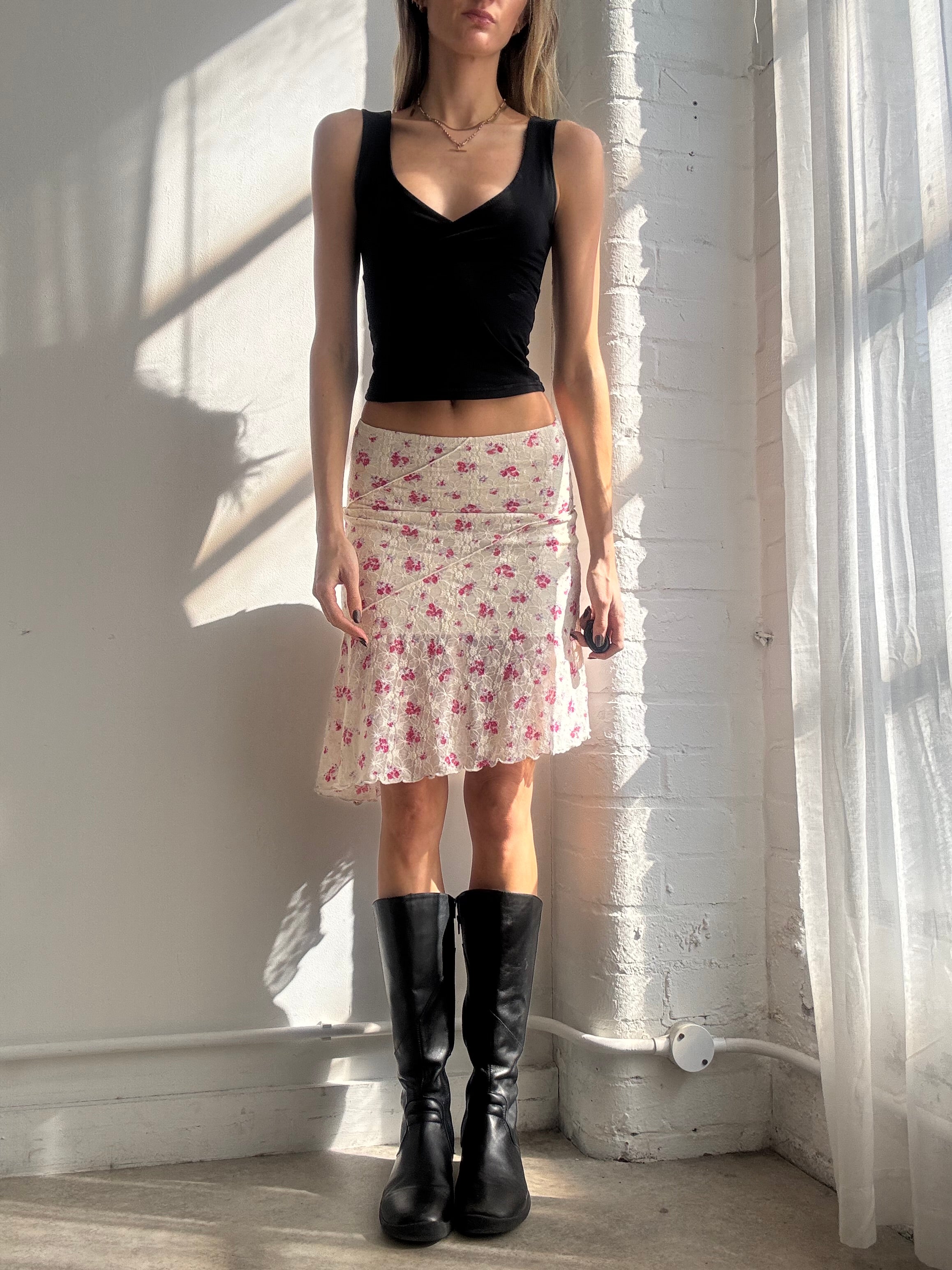 Vintage Y2K white floral lace asymmetric midi skirt