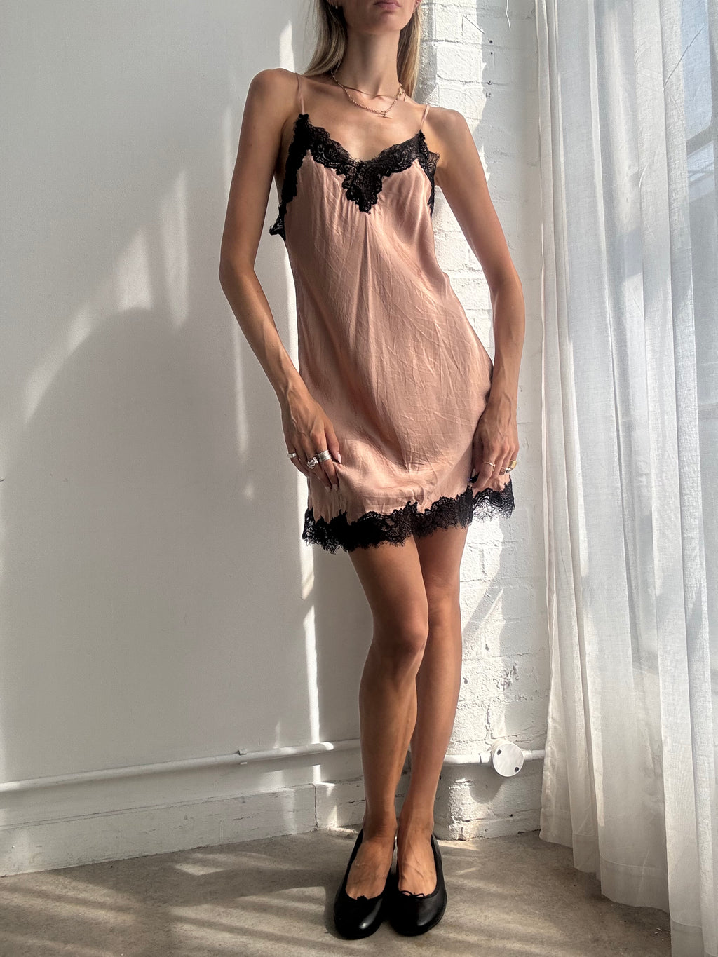 Vintage Y2K Blush Pink Silk Lace Trim Slip Mini Dress - Size S