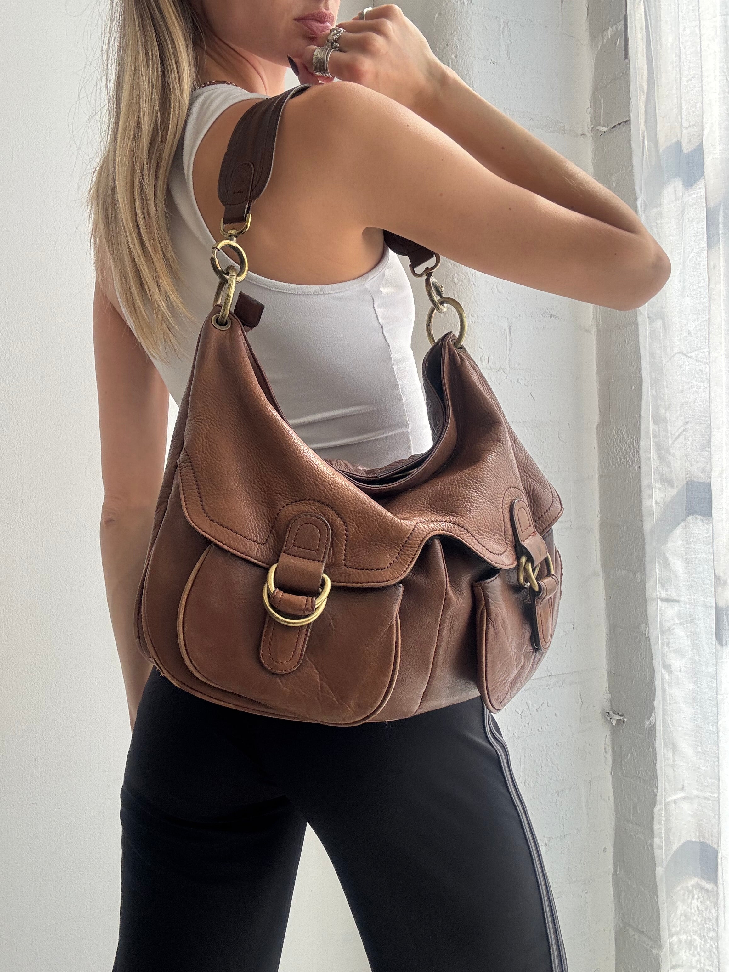 Vintage Y2K brown leather buckle slouchy shoulder bag