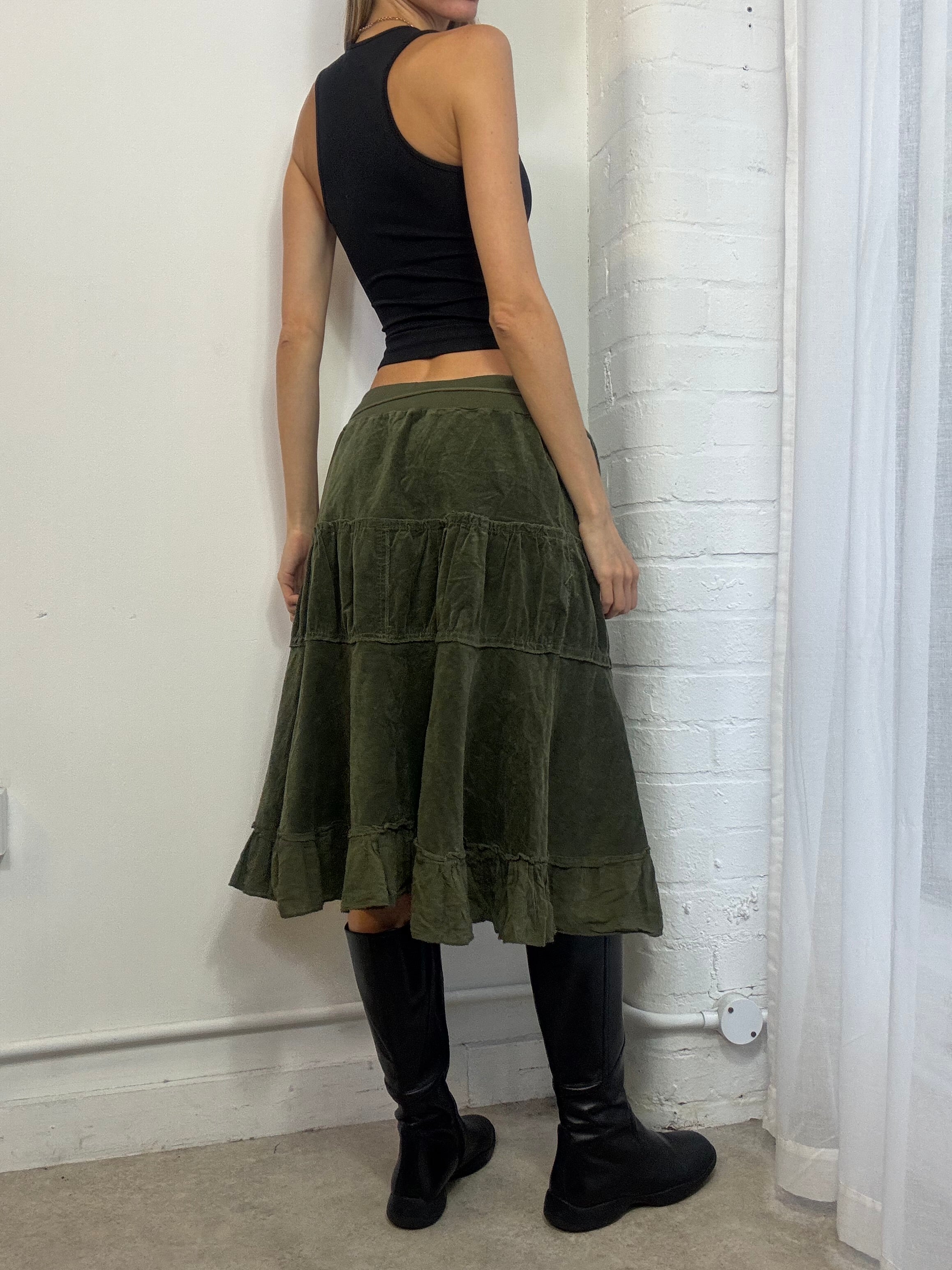 Vintage Y2K khaki green ruffle midi skirt