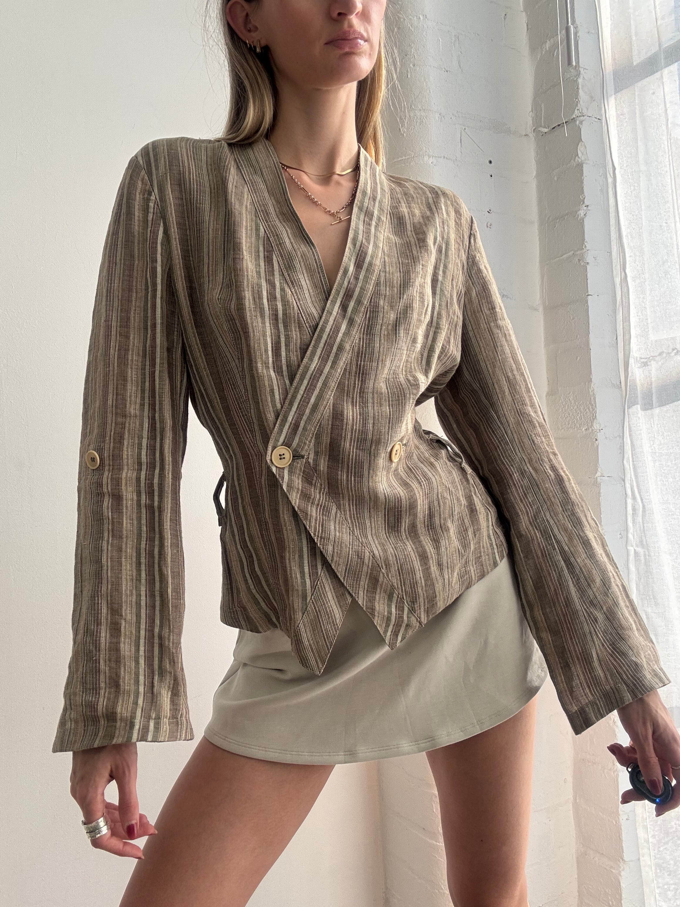 Vintage Pinstripe Linen Wrap Top Green