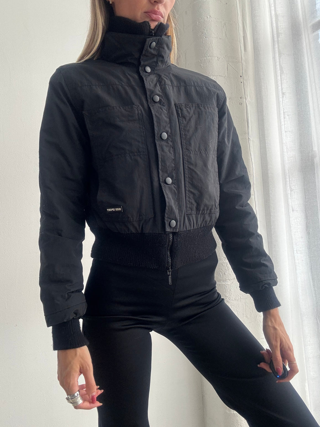 Vintage Y2K Black Cropped Utility Bomber Jacket - Size XS-S
