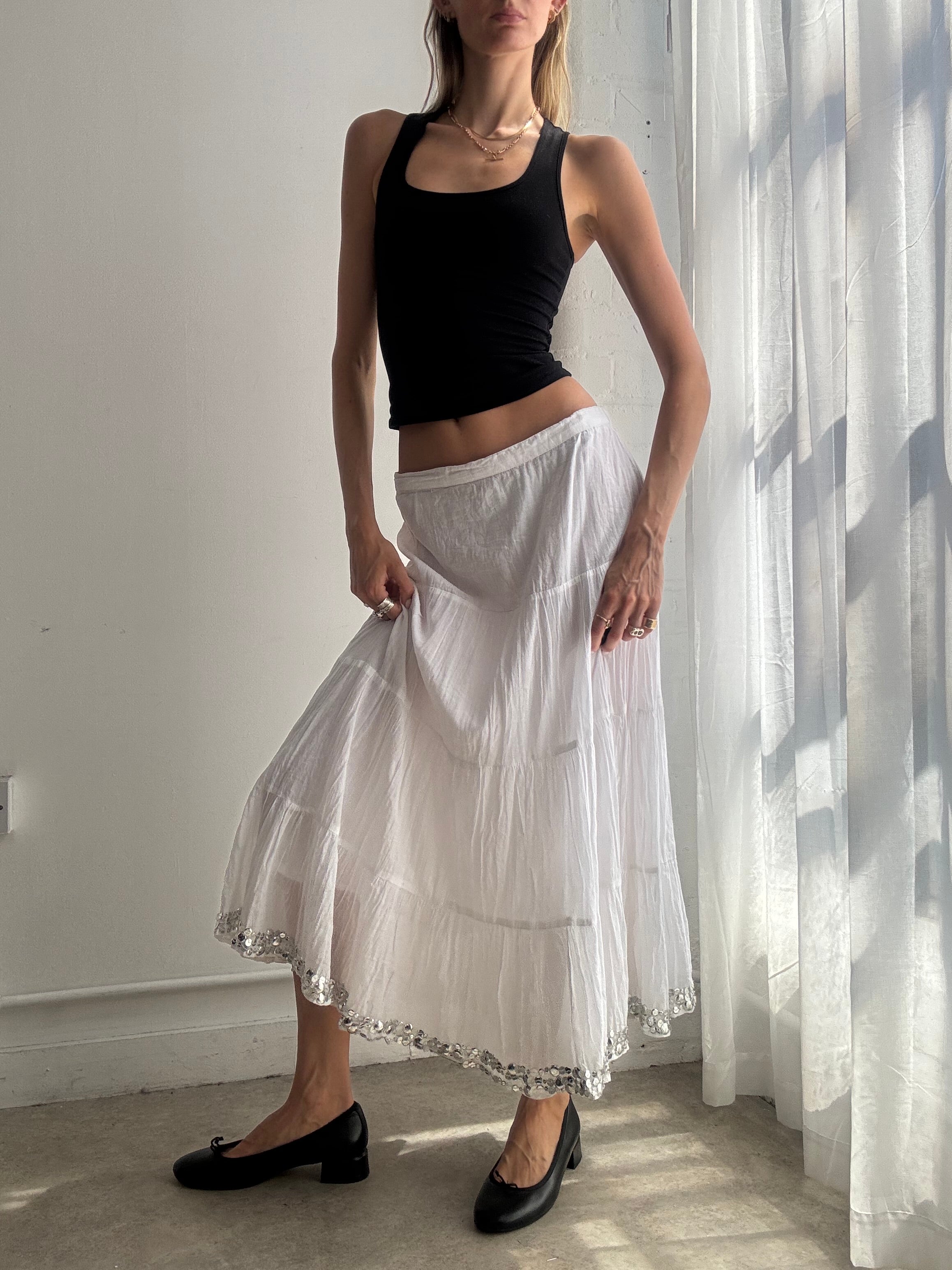 Vintage White Tiered Maxi Skirt Y2K Silver Sequin - Size S/M