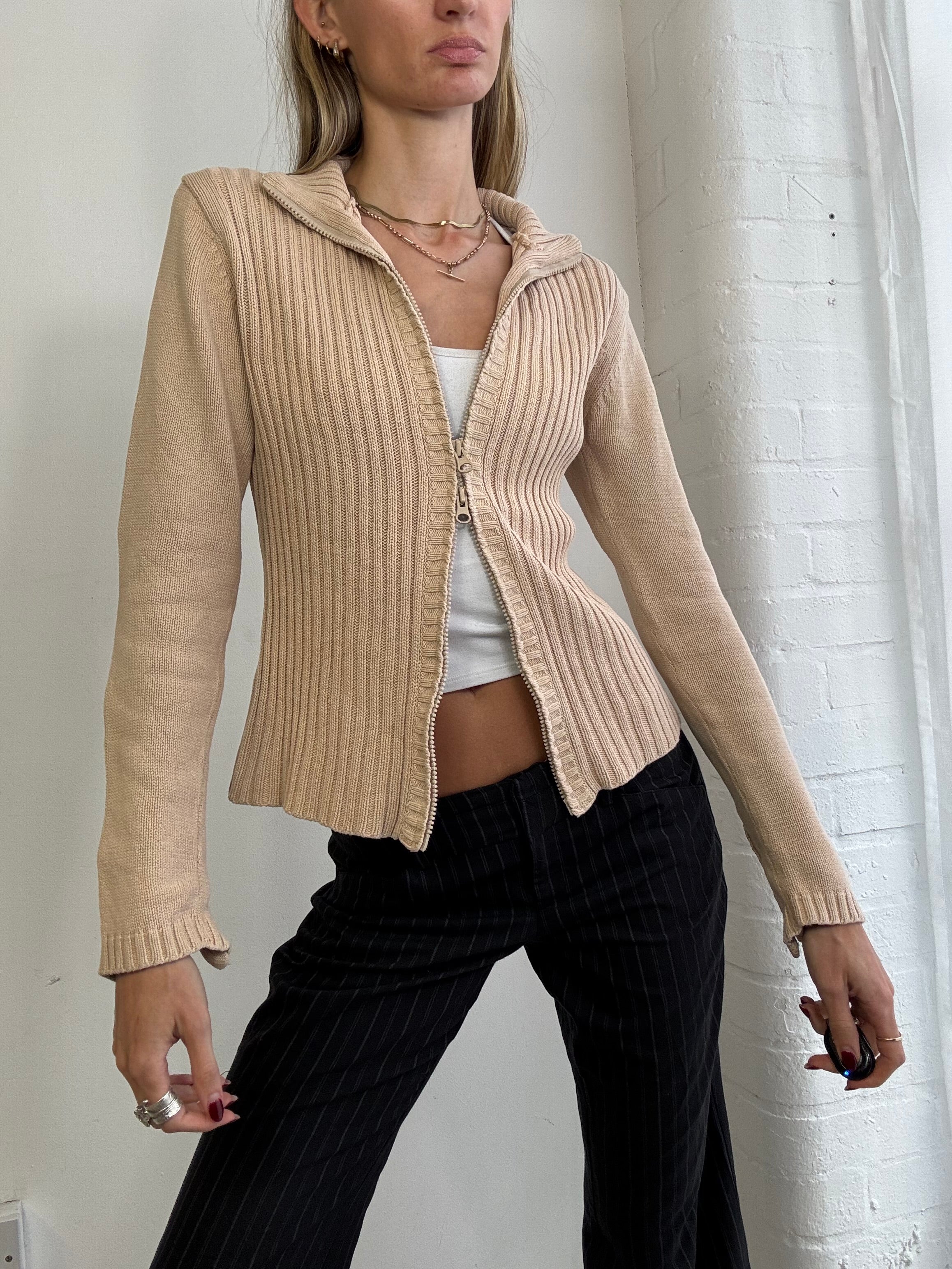 Vintage Y2K beige knitted dual zip jumper