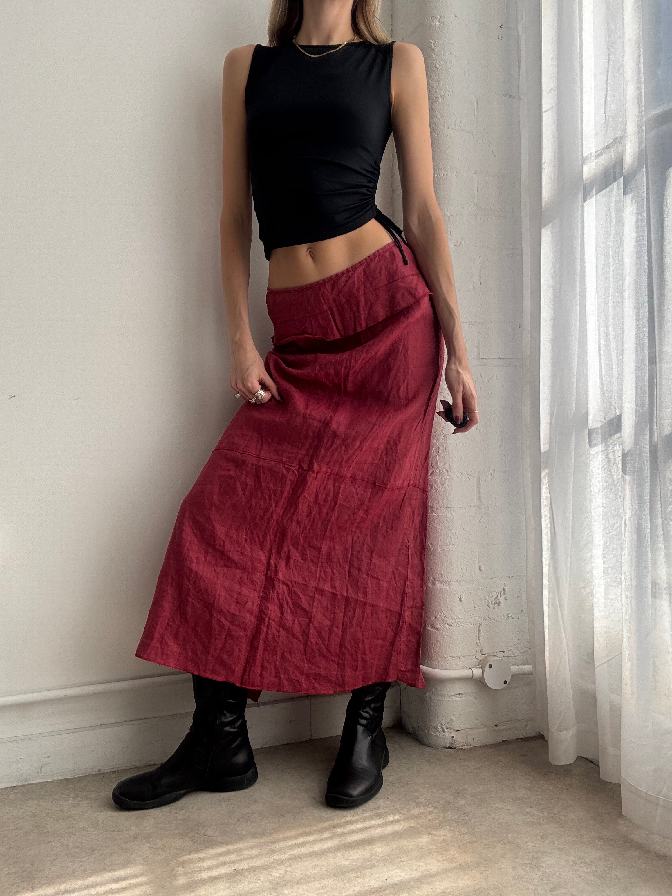 Vintage Y2K red linen ruffle maxi skirt